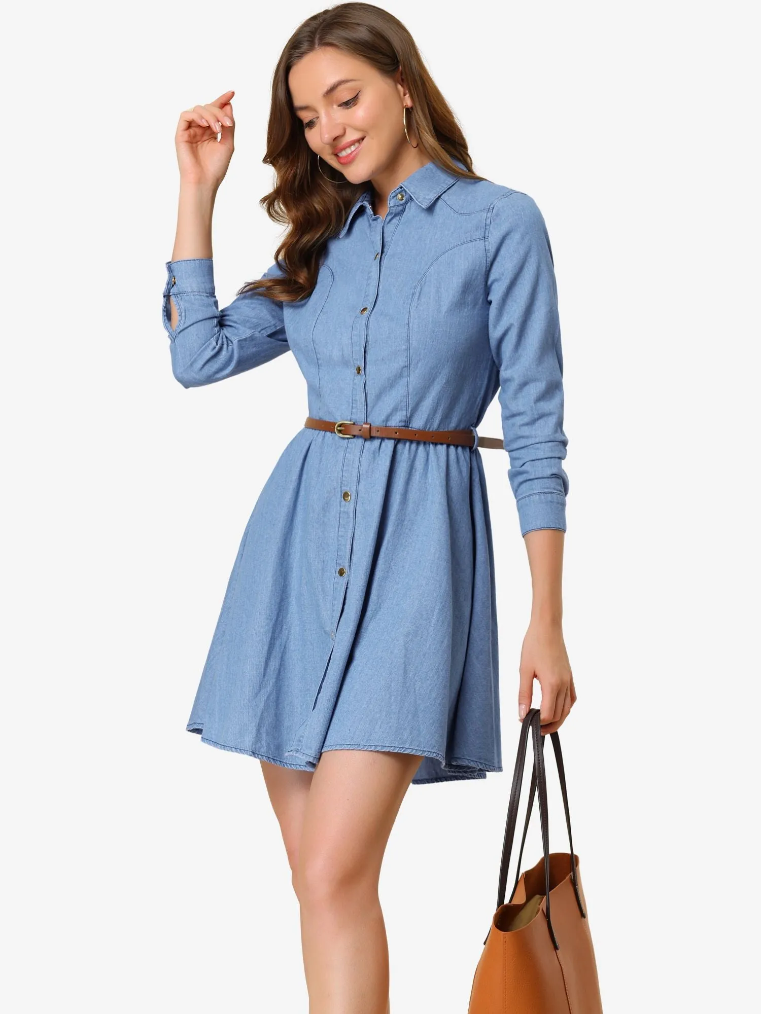 Denim Button Down Belted Pleated Flare A-line Shirt Dress
