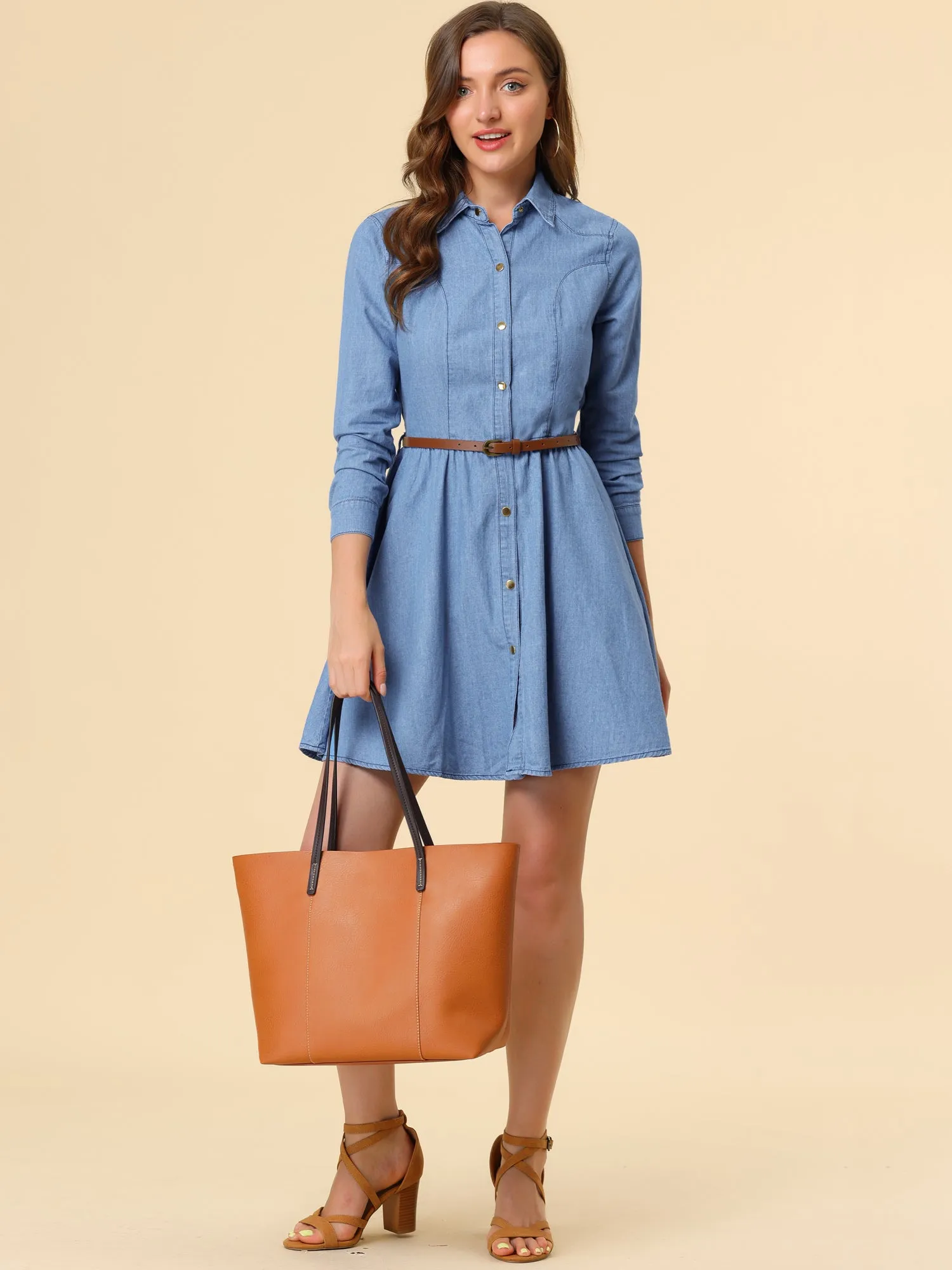 Denim Button Down Belted Pleated Flare A-line Shirt Dress