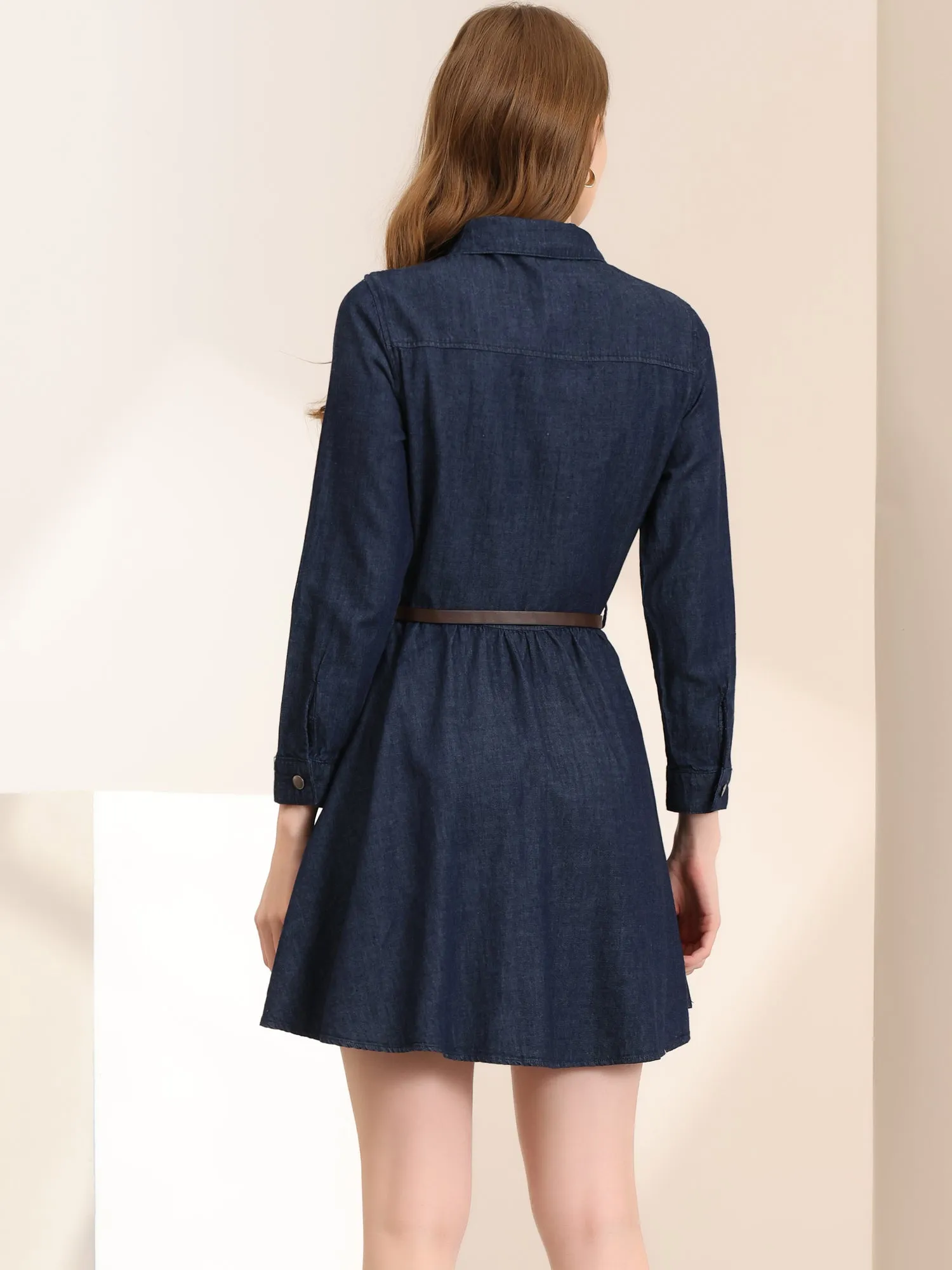 Denim Button Down Belted Pleated Flare A-line Shirt Dress