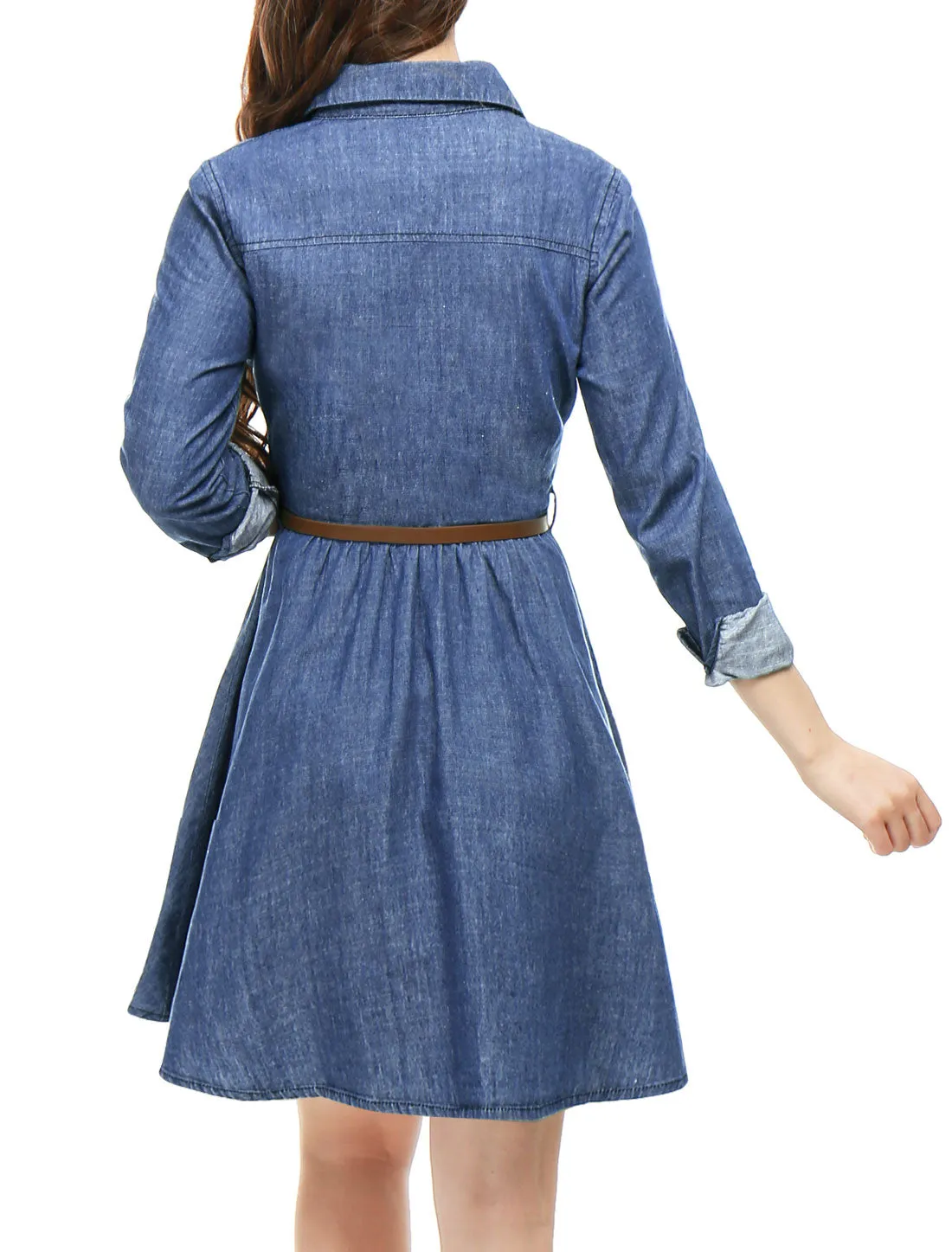 Denim Button Down Belted Pleated Flare A-line Shirt Dress