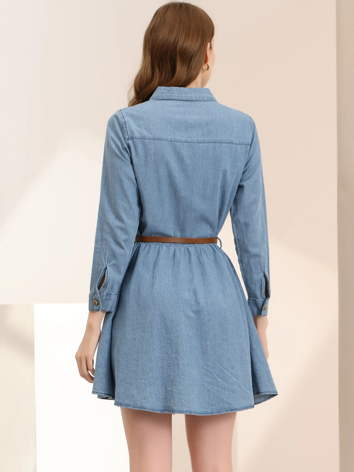 Denim Button Down Belted Pleated Flare A-line Shirt Dress