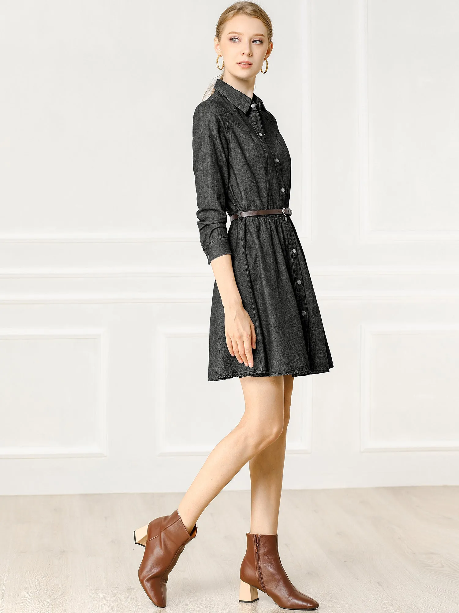 Denim Button Down Belted Pleated Flare A-line Shirt Dress