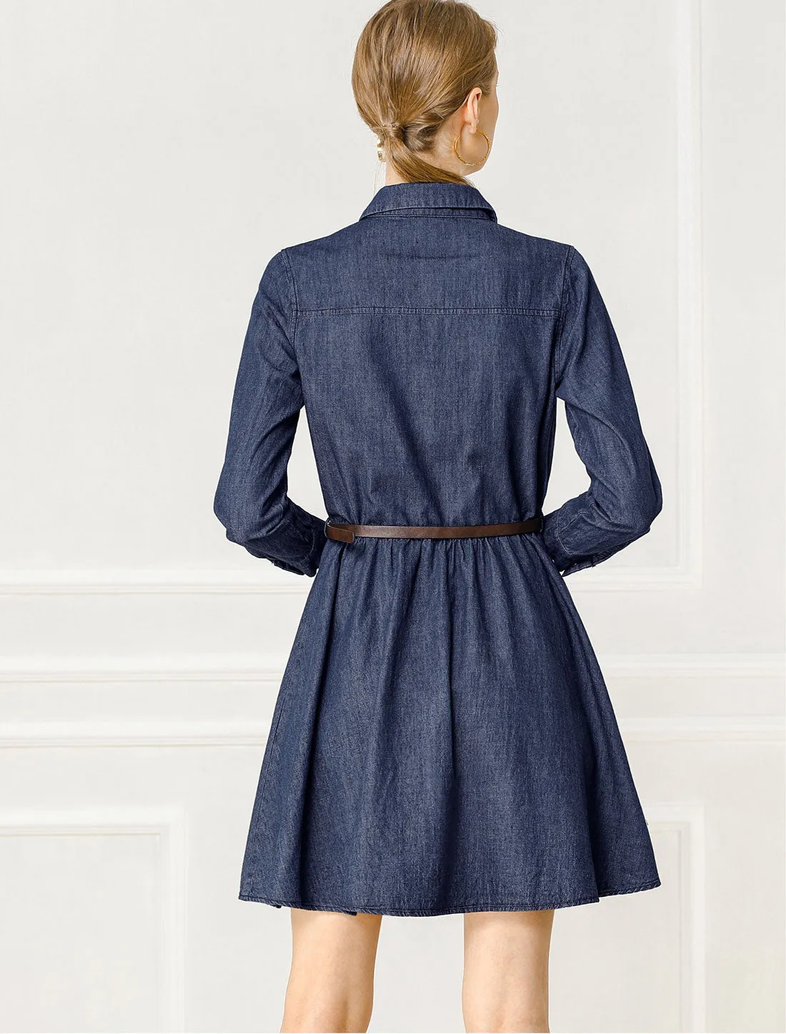 Denim Button Down Belted Pleated Flare A-line Shirt Dress