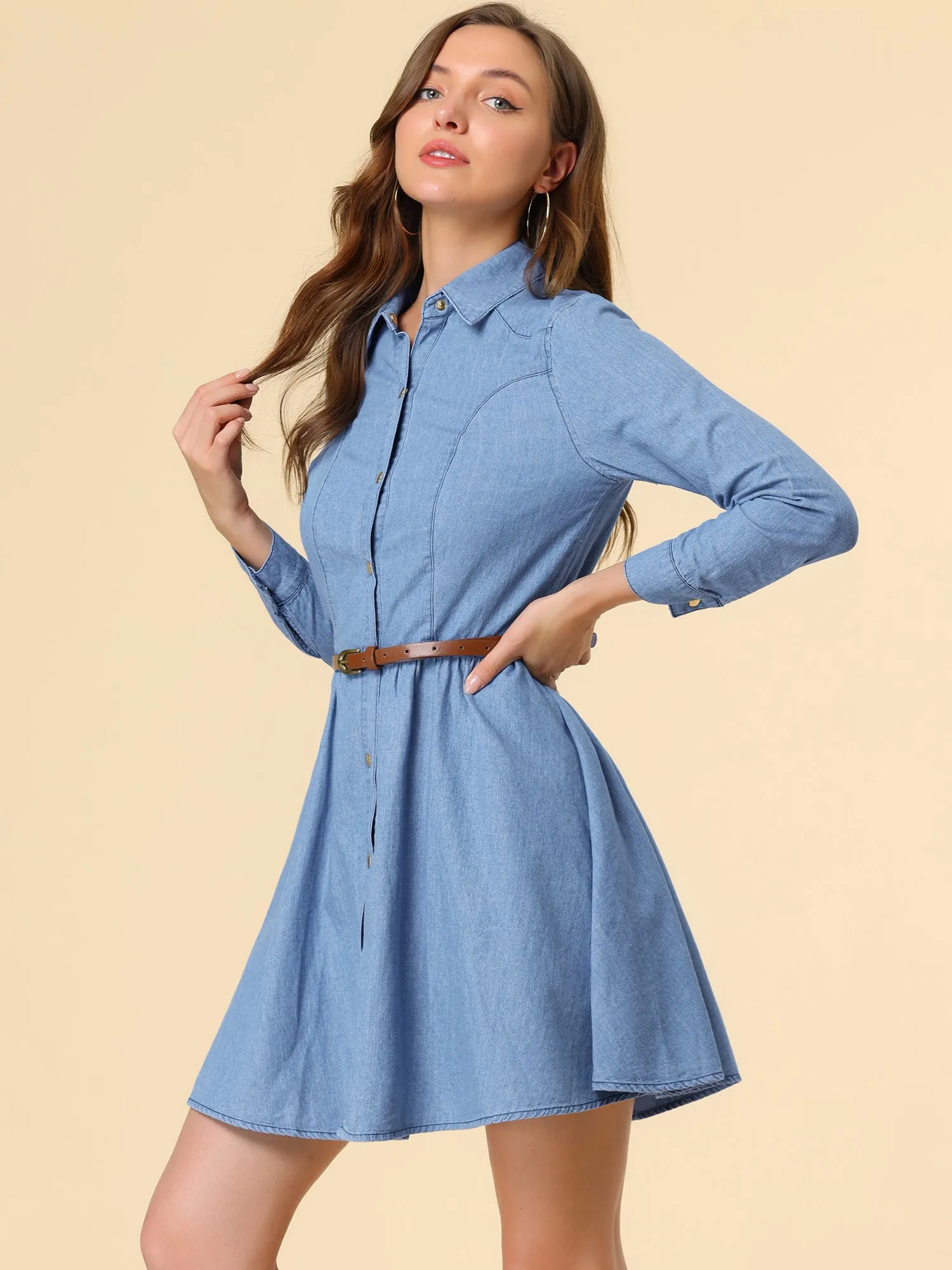 Denim Button Down Belted Pleated Flare A-line Shirt Dress