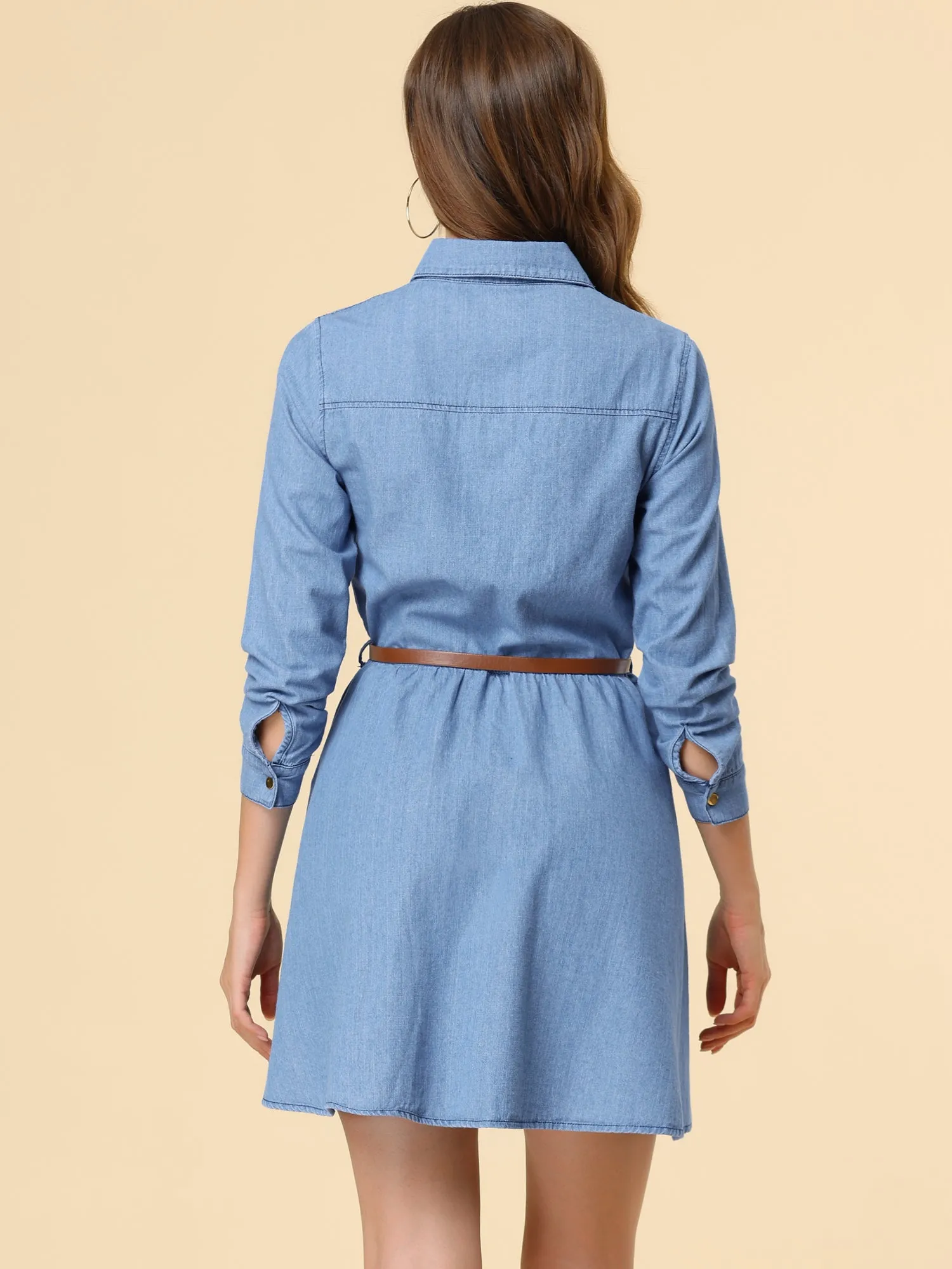 Denim Button Down Belted Pleated Flare A-line Shirt Dress