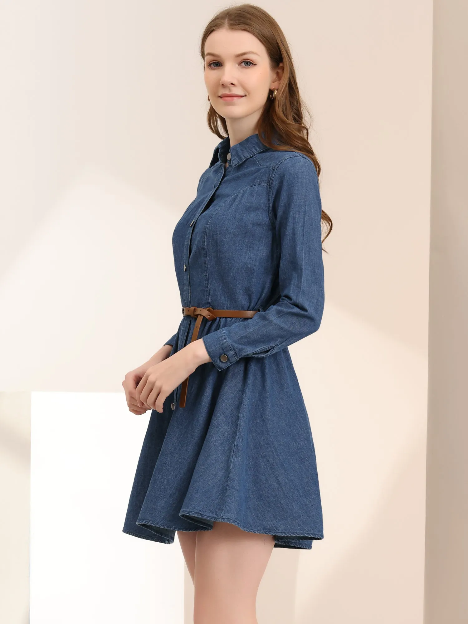 Denim Button Down Belted Pleated Flare A-line Shirt Dress