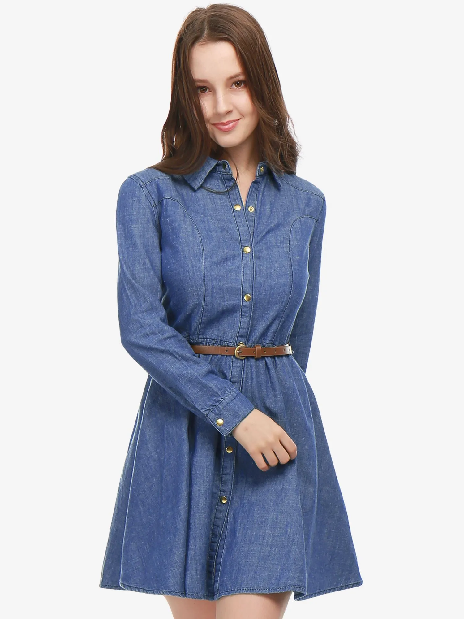Denim Button Down Belted Pleated Flare A-line Shirt Dress