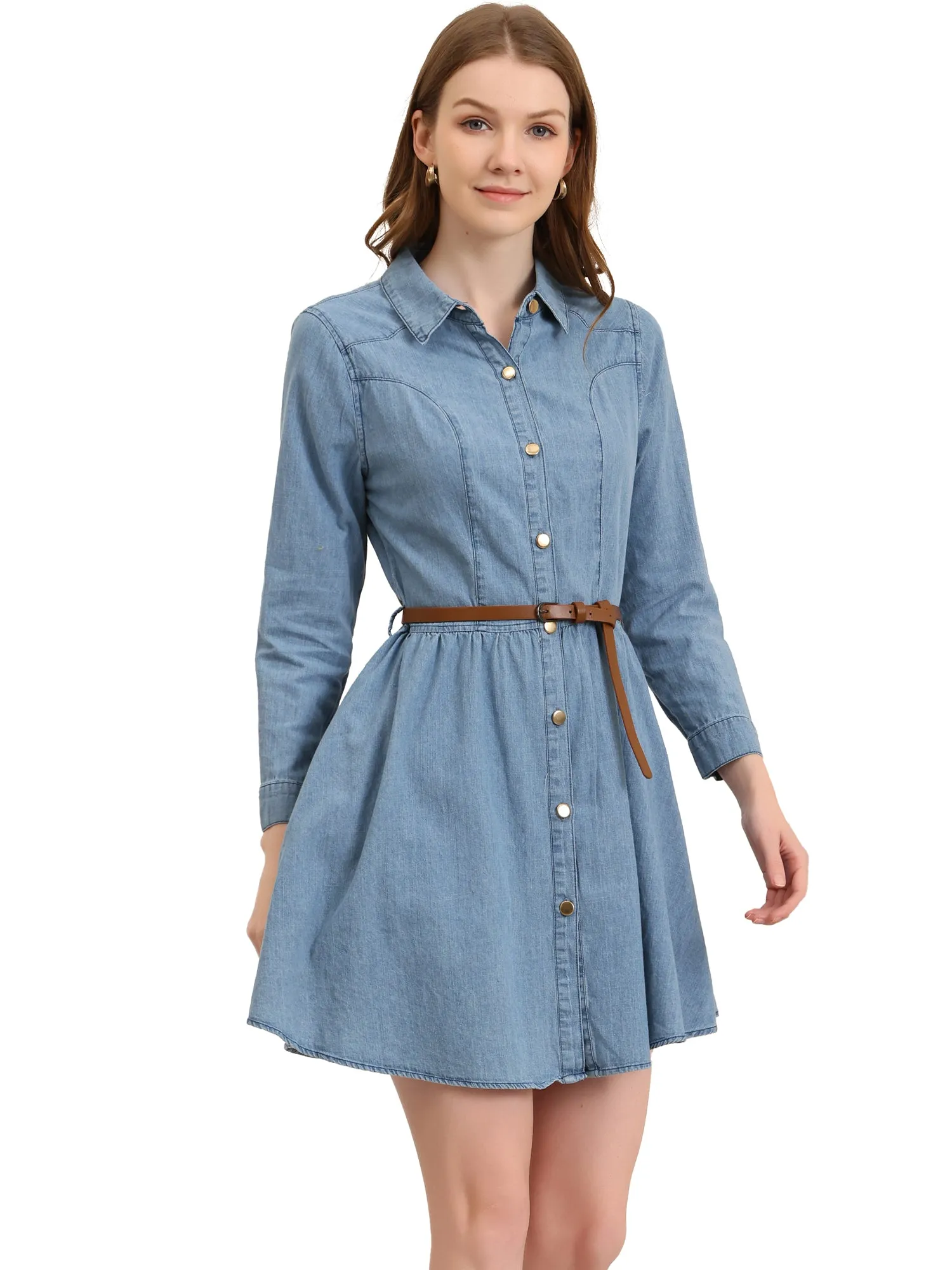 Denim Button Down Belted Pleated Flare A-line Shirt Dress