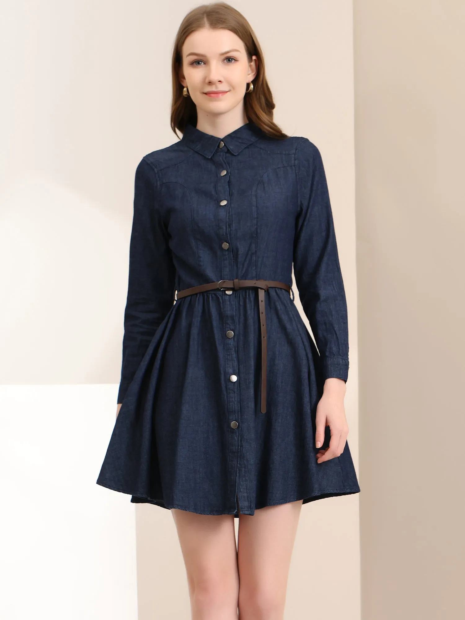 Denim Button Down Belted Pleated Flare A-line Shirt Dress