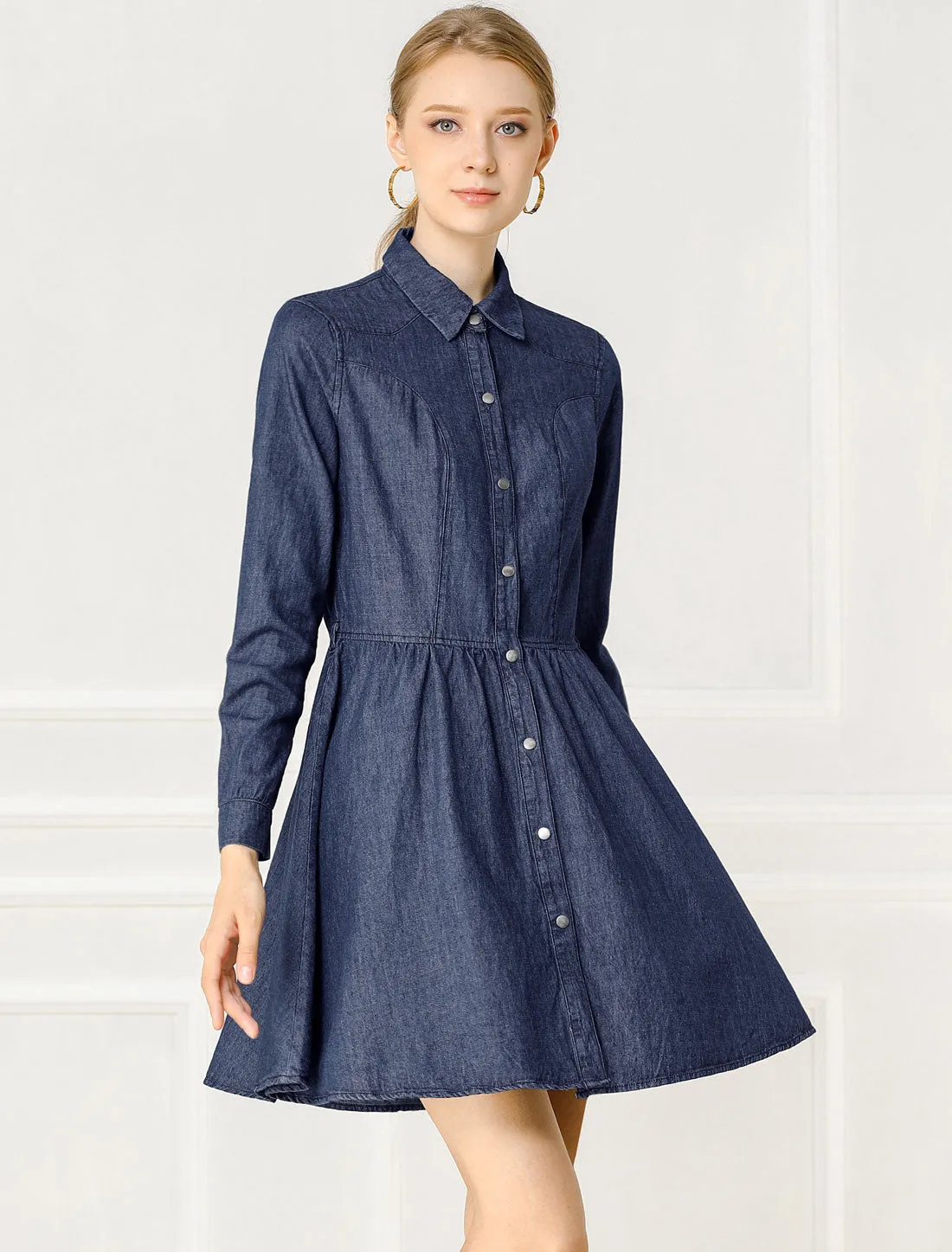 Denim Button Down Belted Pleated Flare A-line Shirt Dress