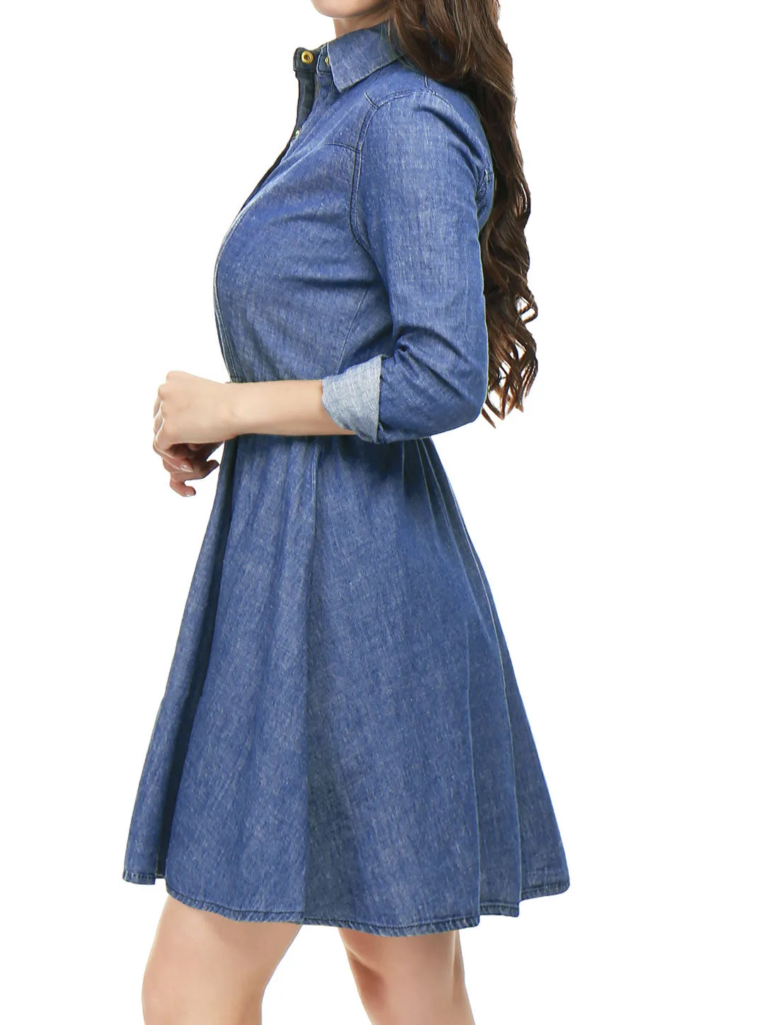 Denim Button Down Belted Pleated Flare A-line Shirt Dress