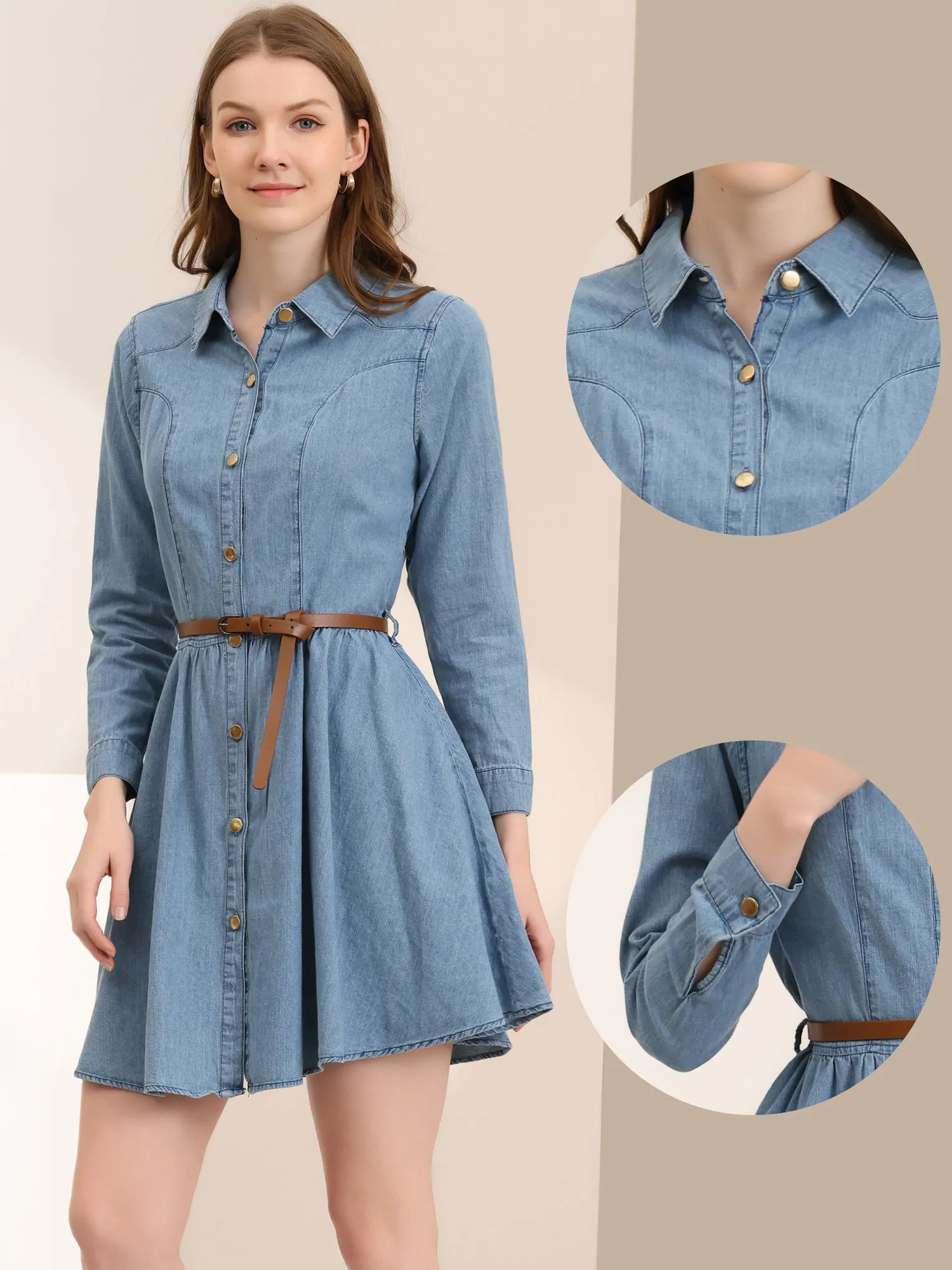 Denim Button Down Belted Pleated Flare A-line Shirt Dress