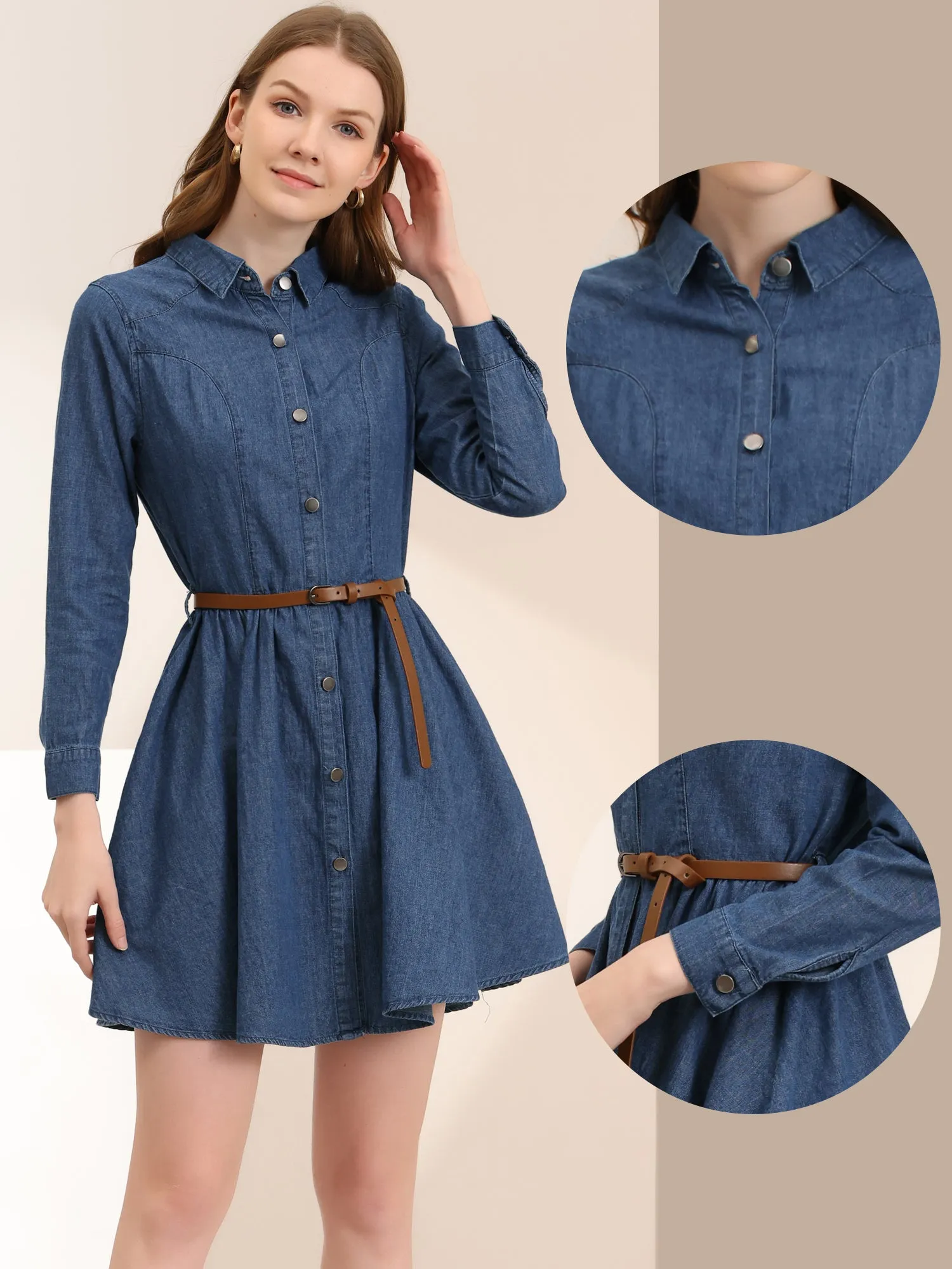 Denim Button Down Belted Pleated Flare A-line Shirt Dress