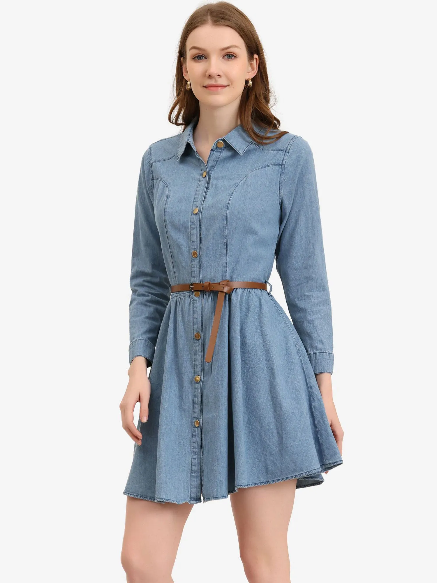 Denim Button Down Belted Pleated Flare A-line Shirt Dress