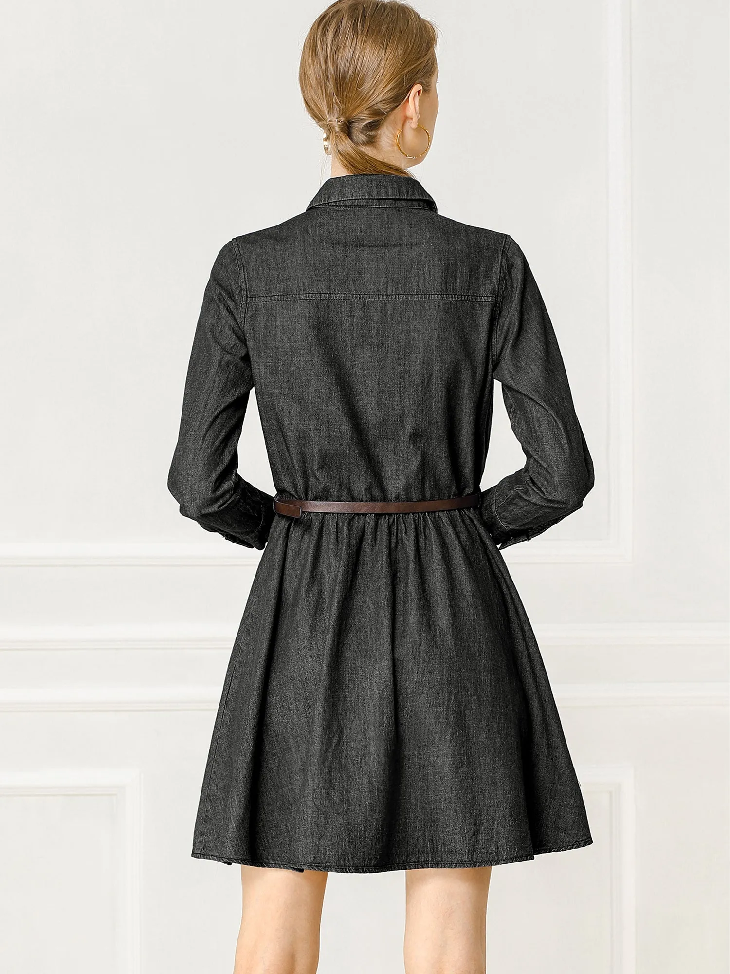 Denim Button Down Belted Pleated Flare A-line Shirt Dress