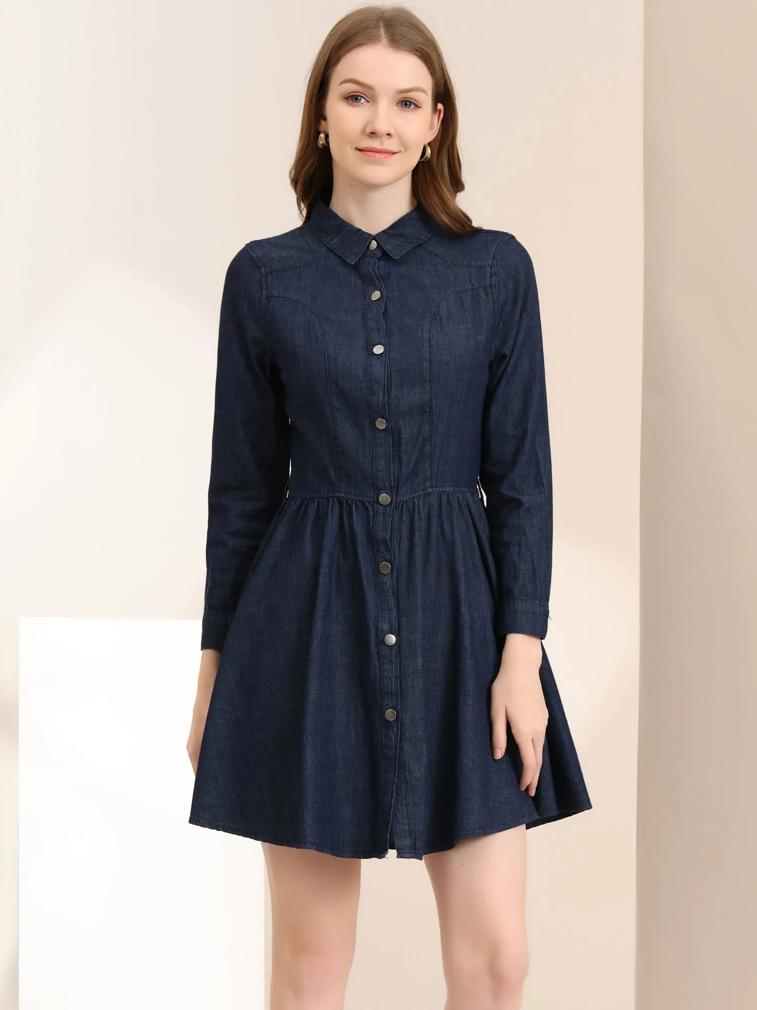 Denim Button Down Belted Pleated Flare A-line Shirt Dress