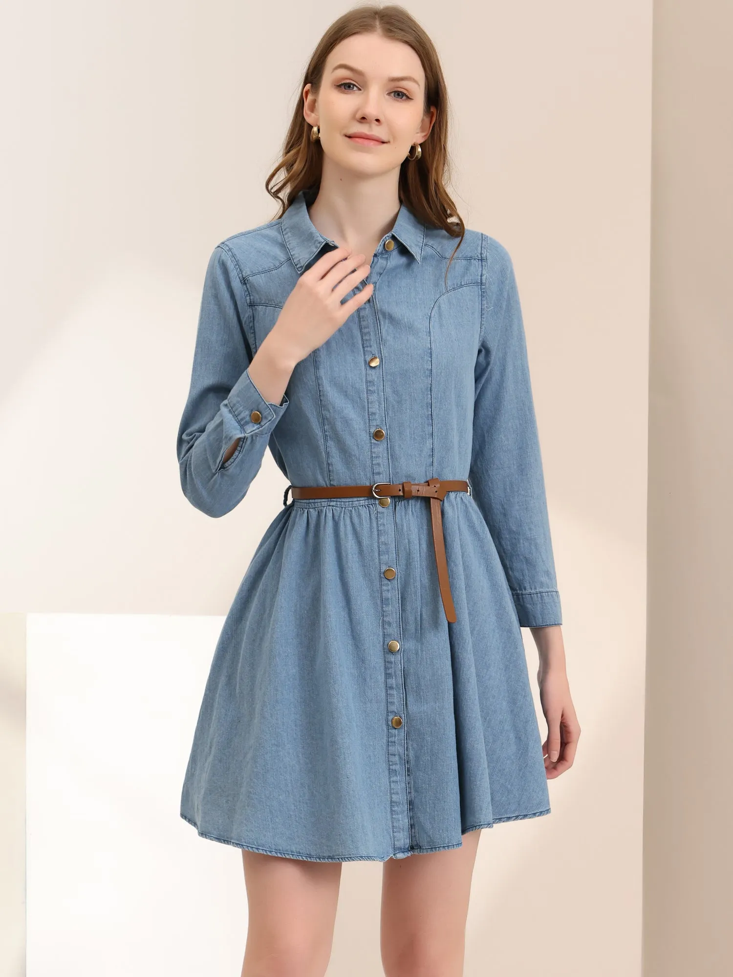 Denim Button Down Belted Pleated Flare A-line Shirt Dress