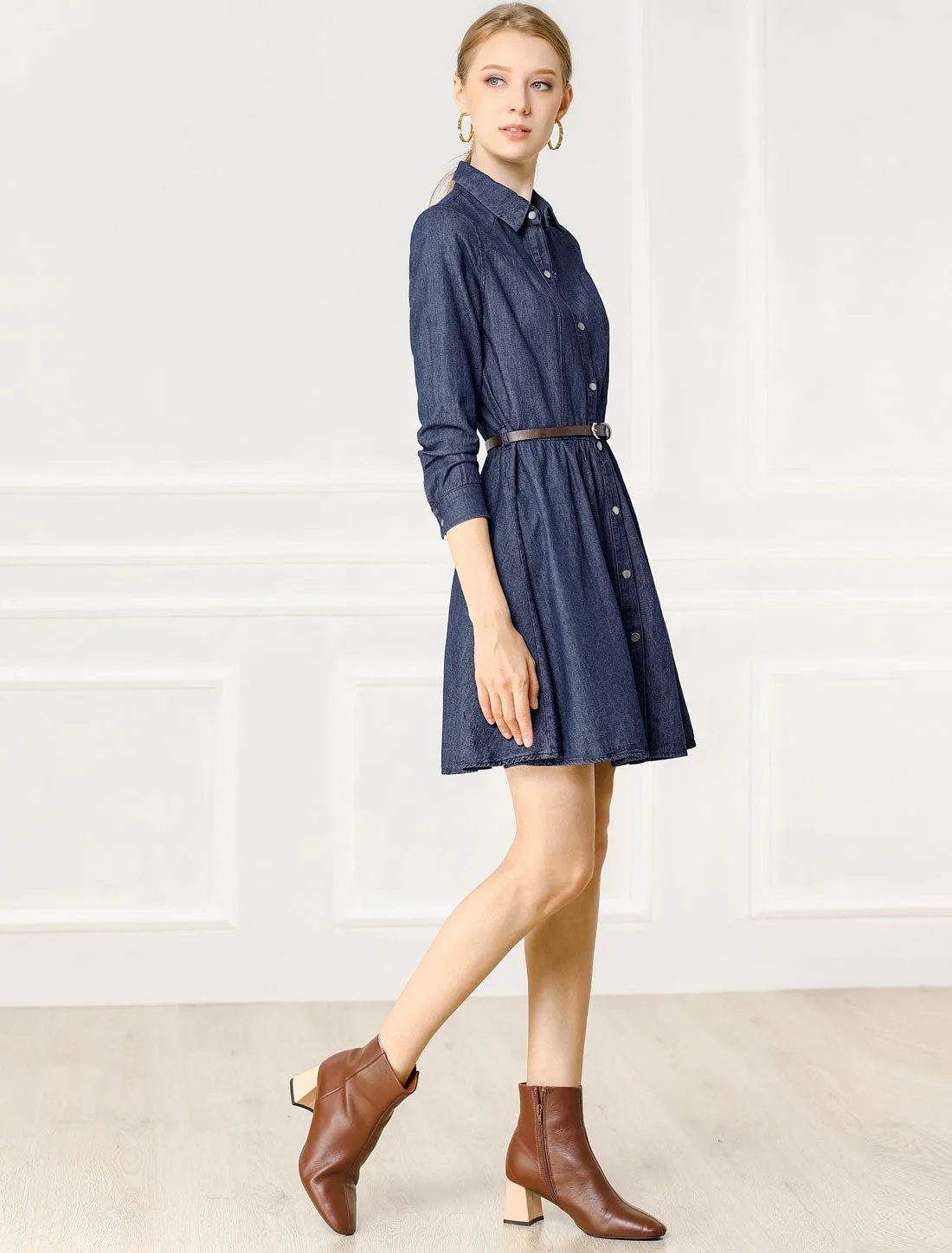 Denim Button Down Belted Pleated Flare A-line Shirt Dress