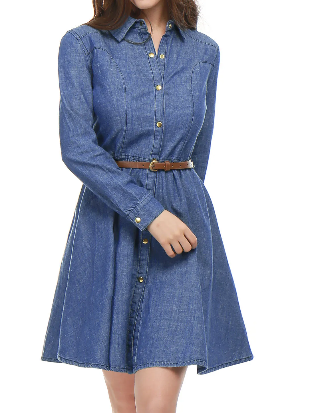 Denim Button Down Belted Pleated Flare A-line Shirt Dress