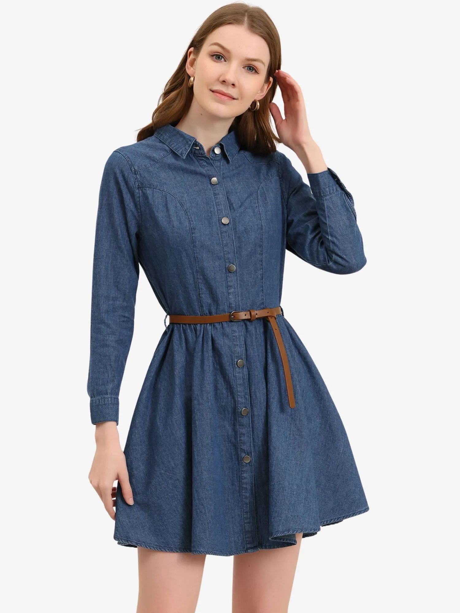 Denim Button Down Belted Pleated Flare A-line Shirt Dress