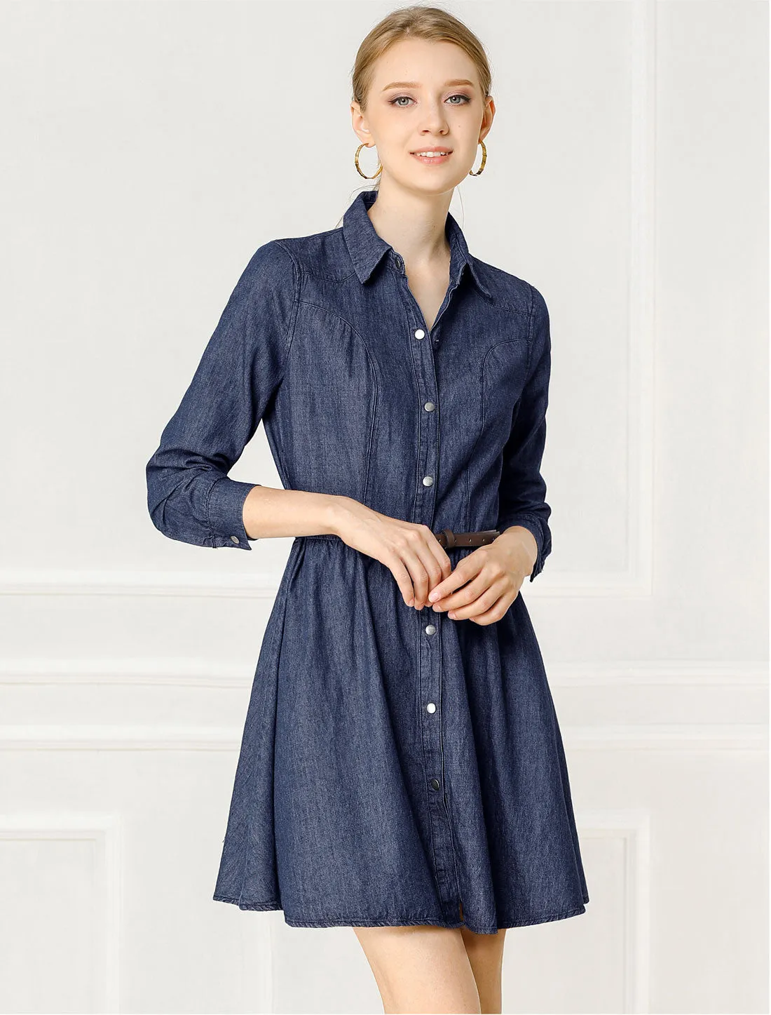 Denim Button Down Belted Pleated Flare A-line Shirt Dress