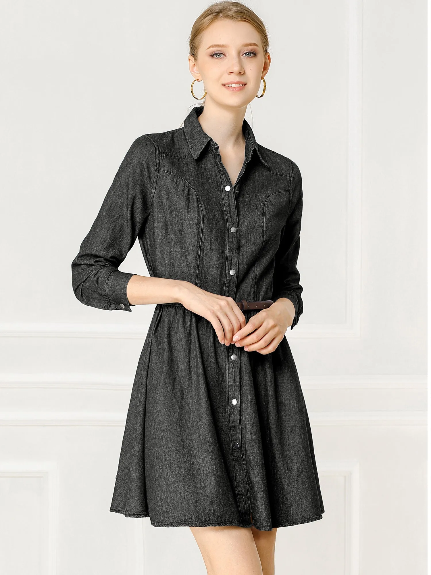 Denim Button Down Belted Pleated Flare A-line Shirt Dress