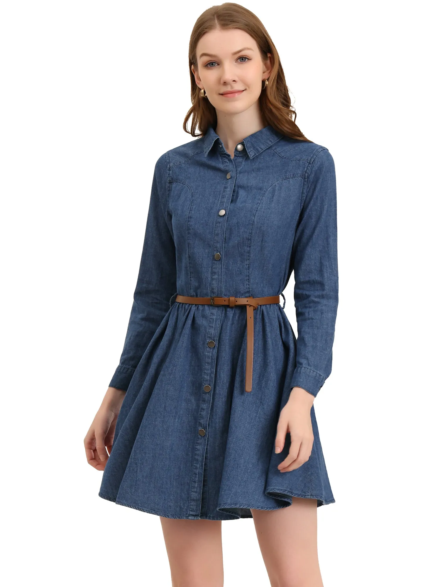 Denim Button Down Belted Pleated Flare A-line Shirt Dress