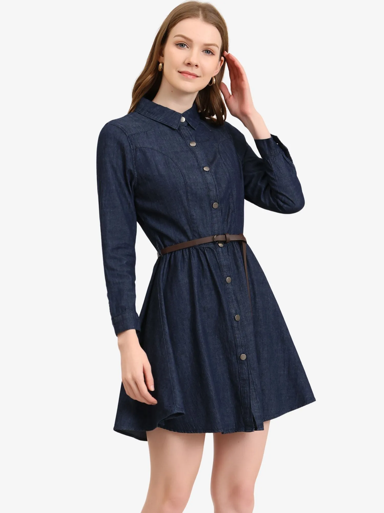 Denim Button Down Belted Pleated Flare A-line Shirt Dress