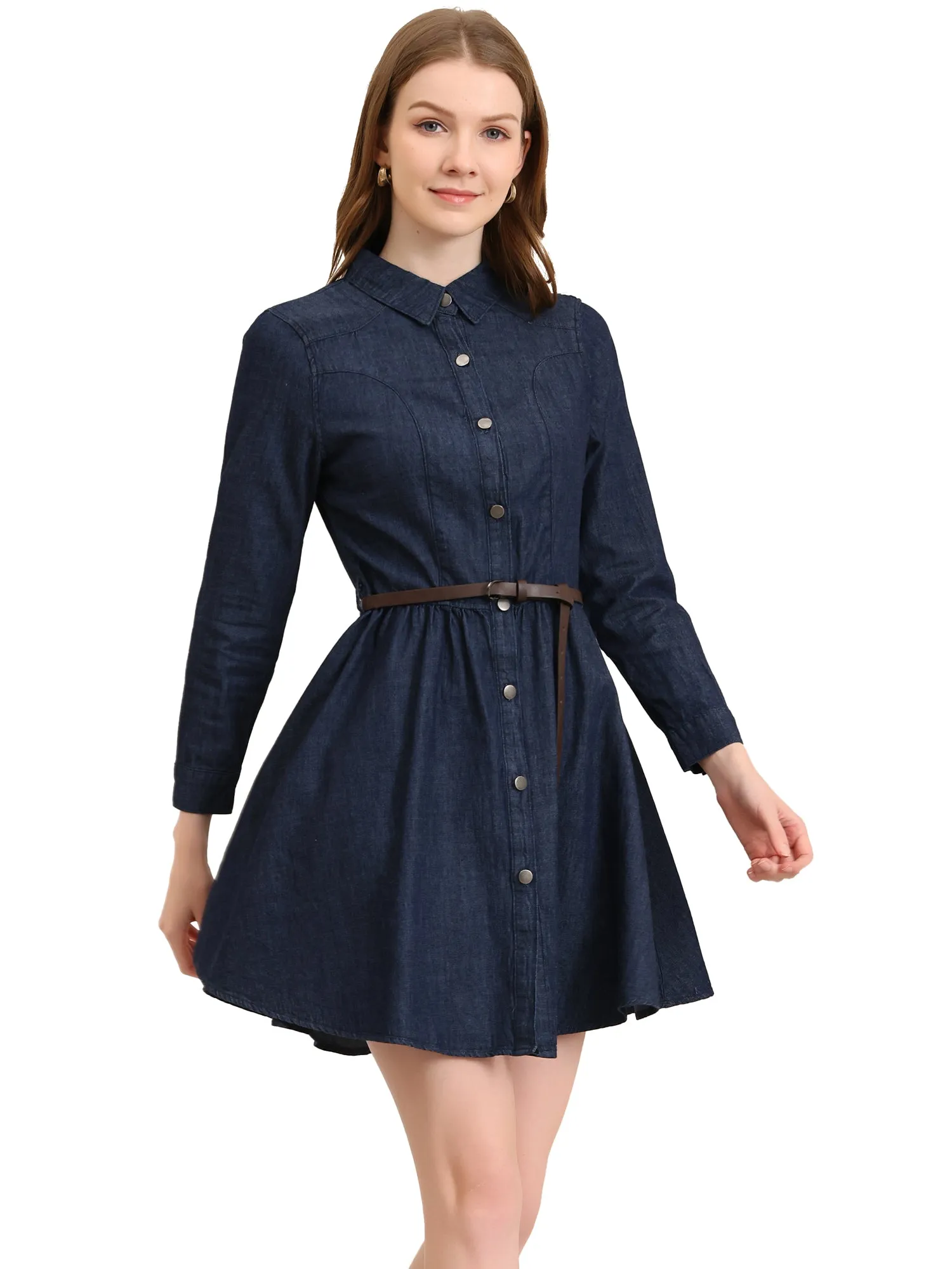 Denim Button Down Belted Pleated Flare A-line Shirt Dress