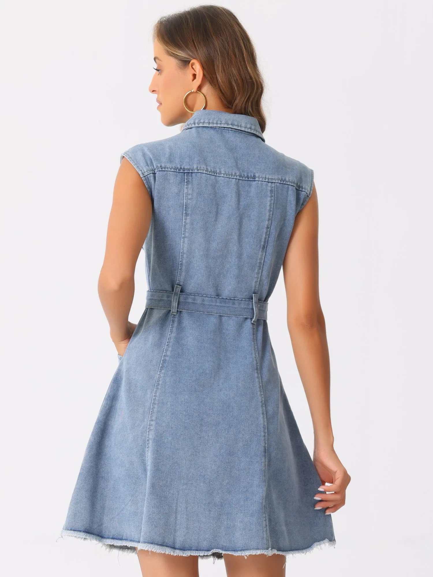 Denim Button Down Lapel Belted A-Line Pockets Mini Shirt Dress