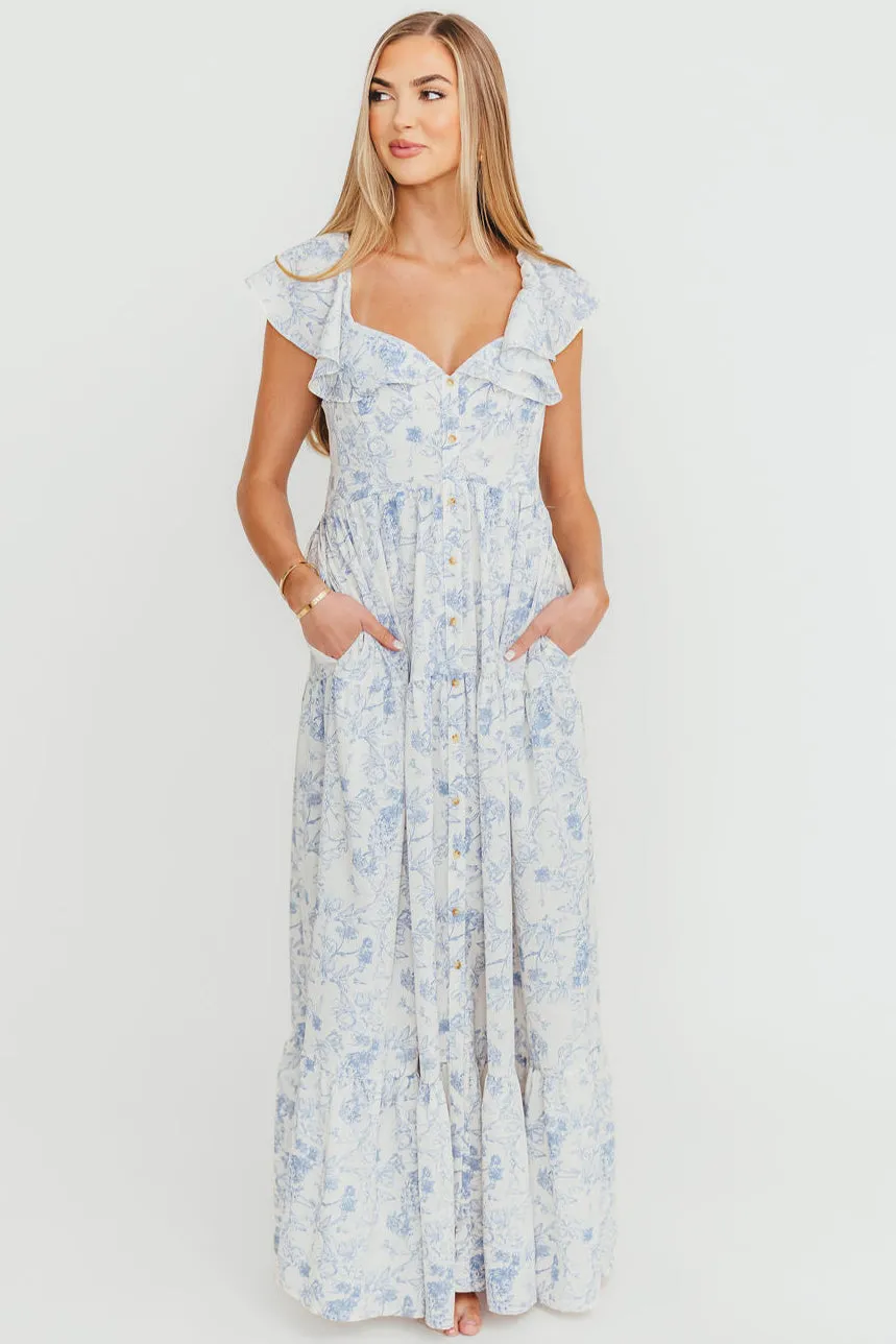 Dorothy Floral Button-up Maxi Dress in Blue/White - Nursing Friendly