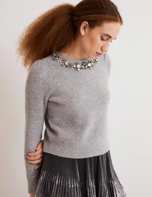 Embellished Party Jumper-Grey. Embellished Collar