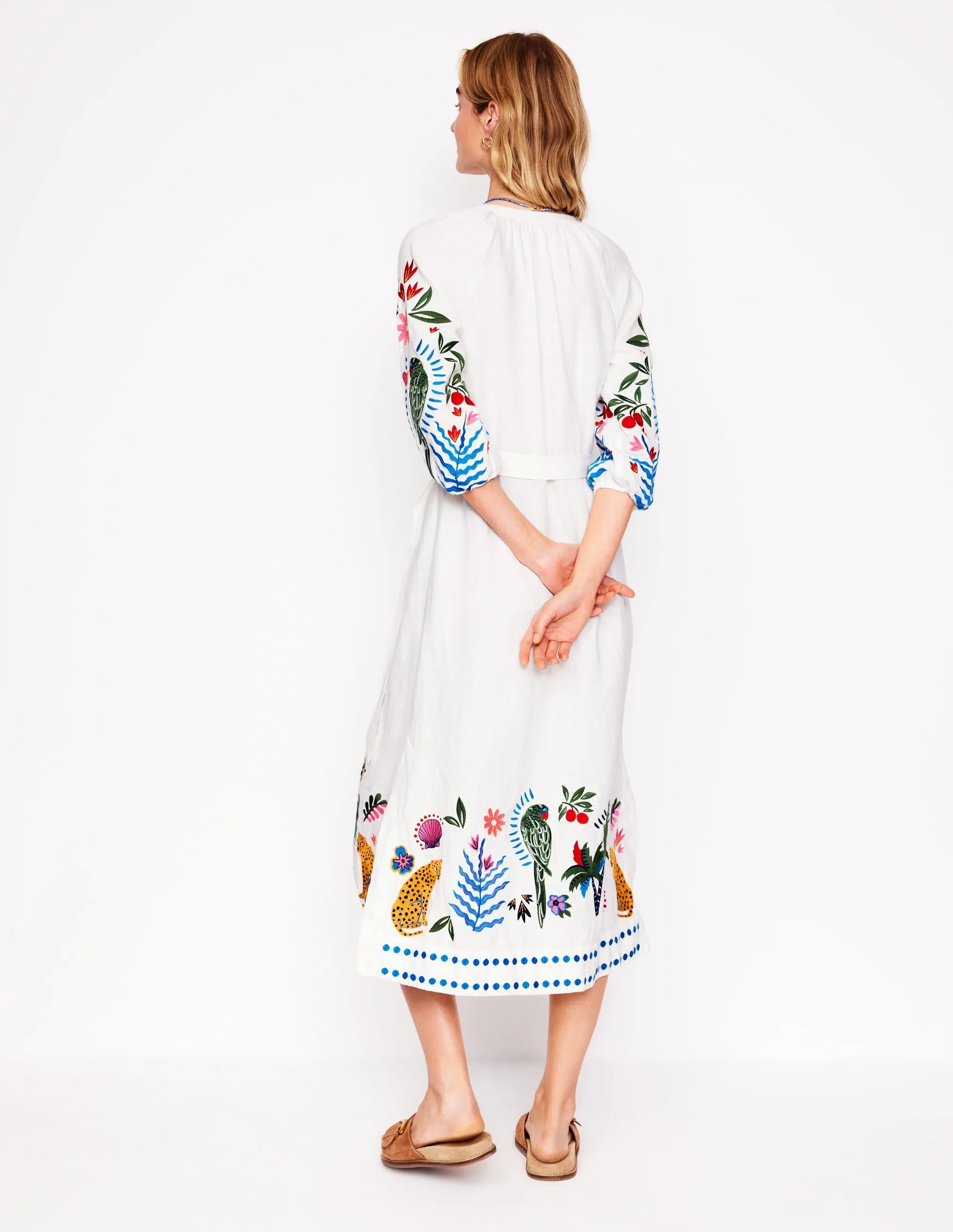Embroidered Linen Tassel Dress-Ivory