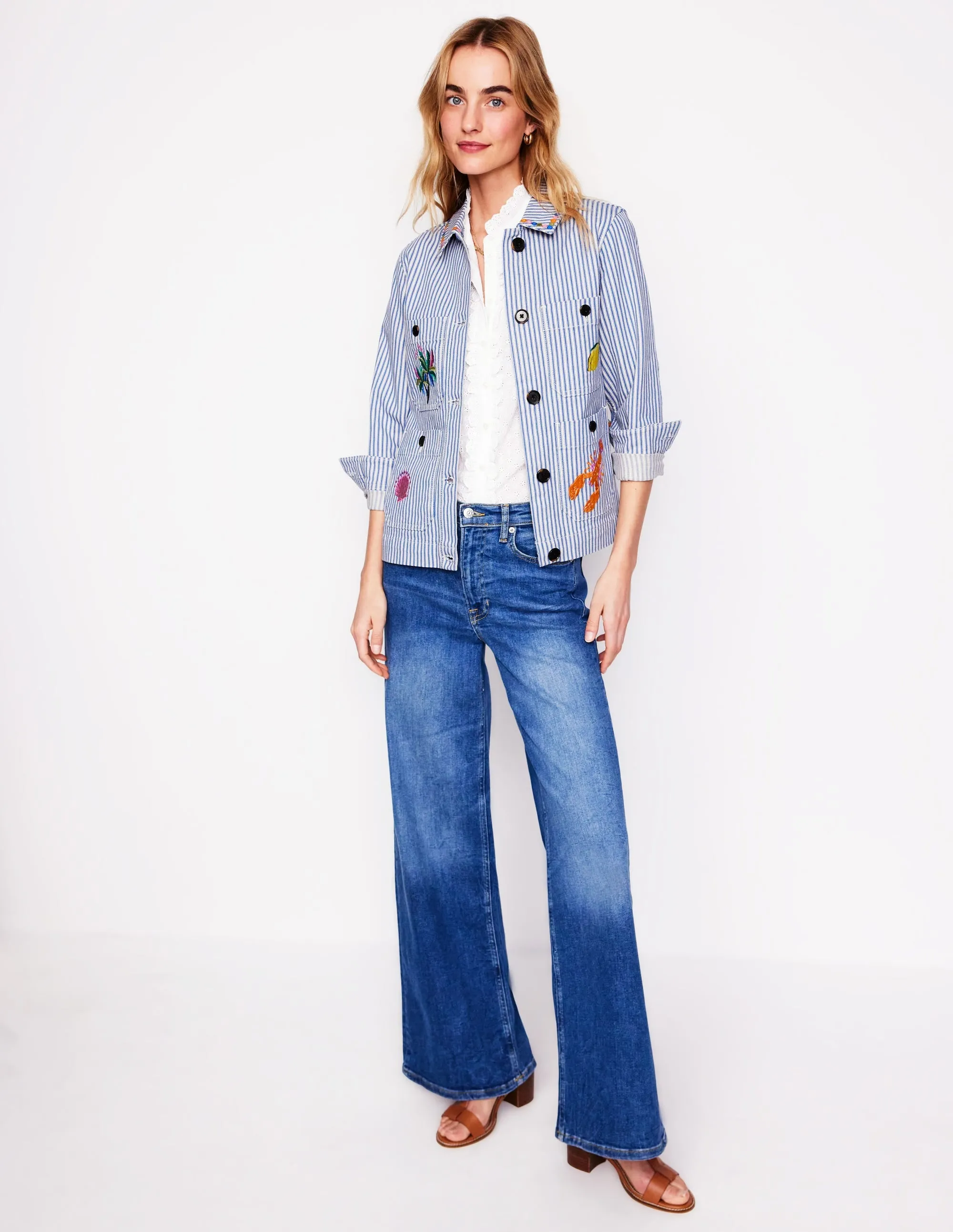 Embroidered Utility Jacket-Forget me not Blue Fine Stripe