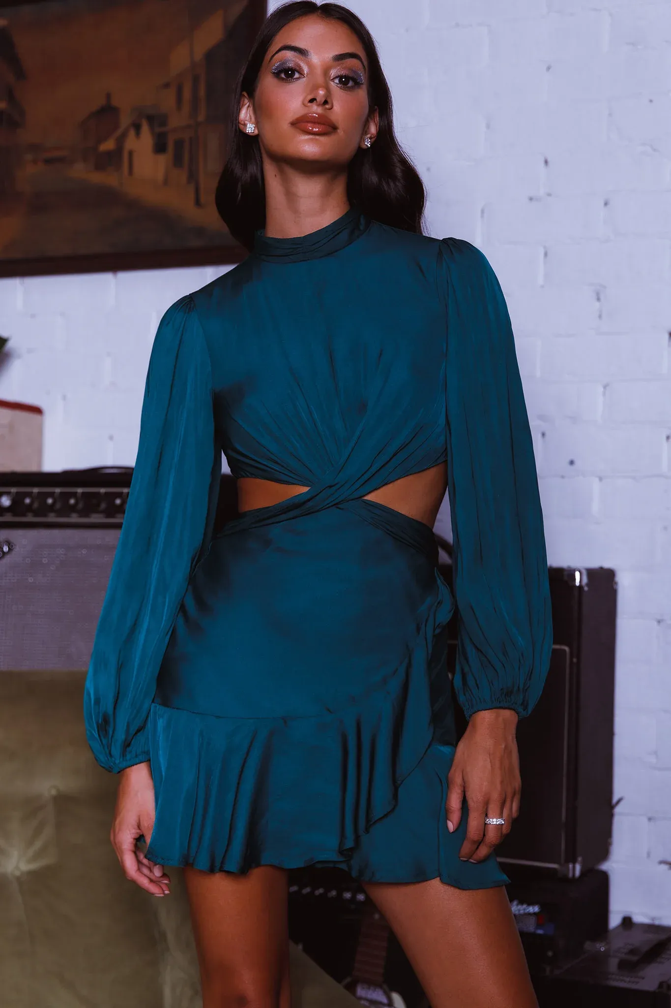 Feels Like Home Long Sleeve Cut-Out Dress Forest Green