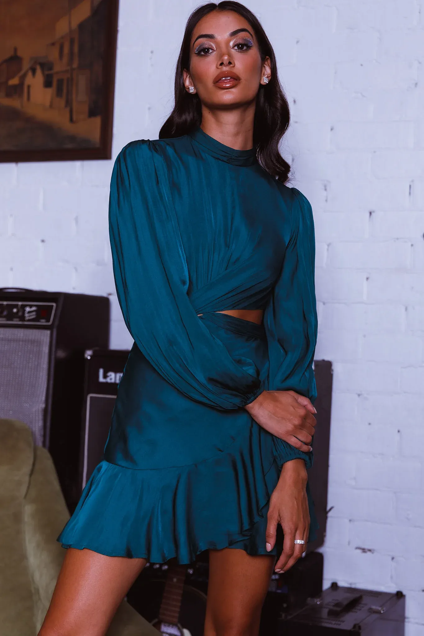Feels Like Home Long Sleeve Cut-Out Dress Forest Green