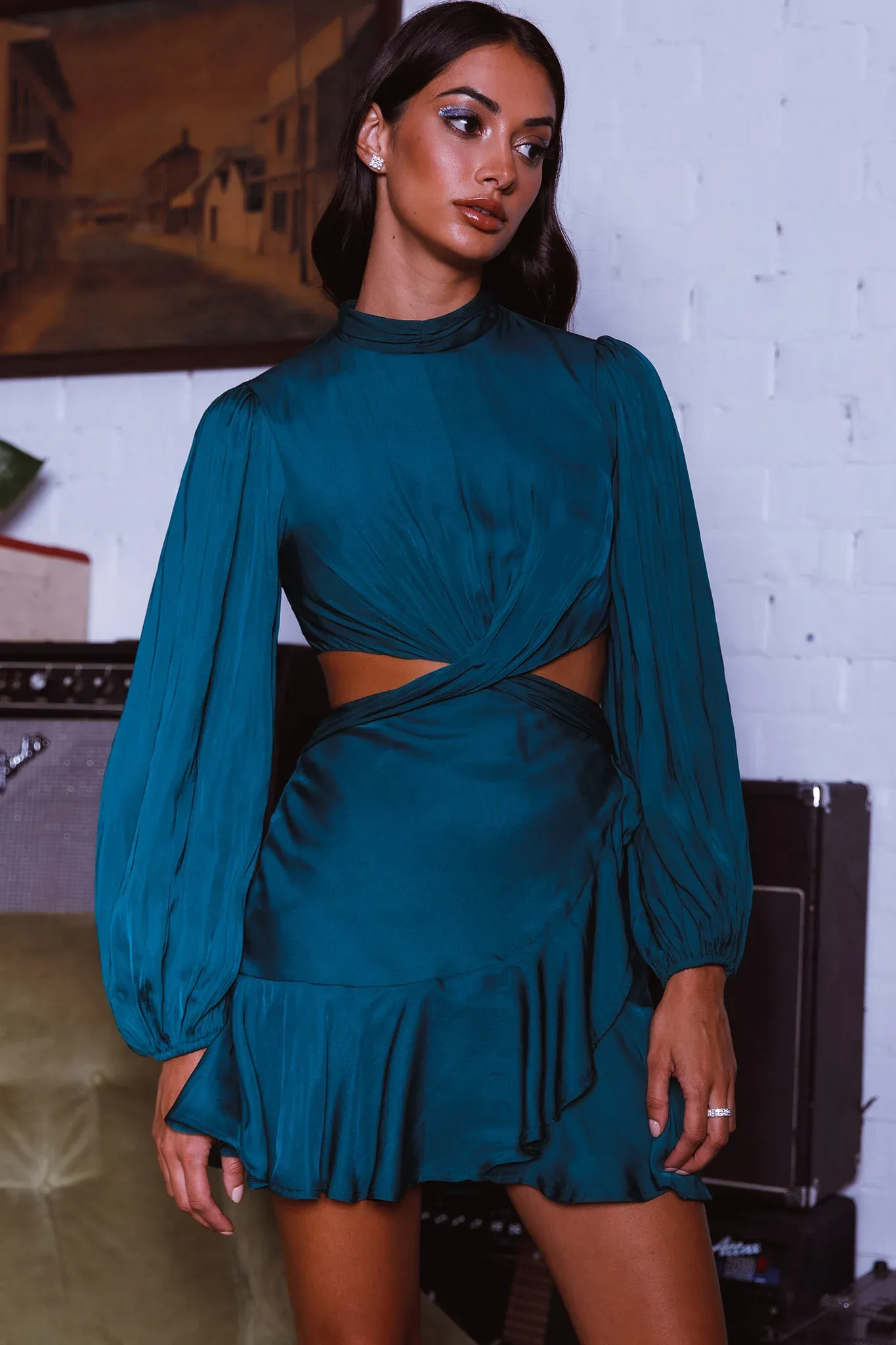 Feels Like Home Long Sleeve Cut-Out Dress Forest Green