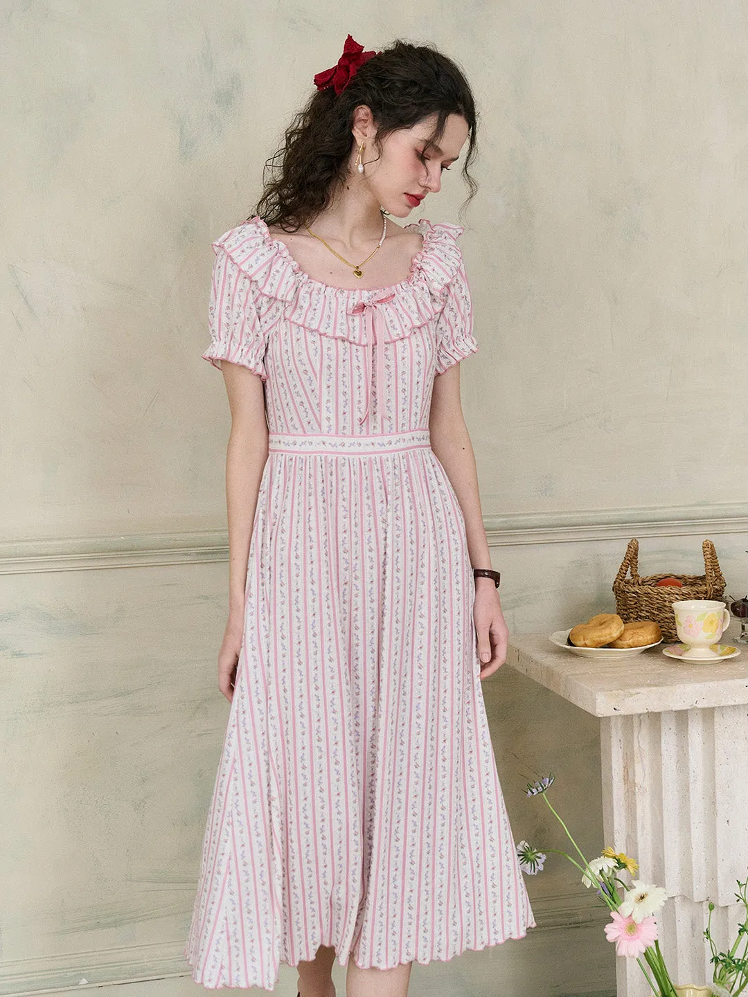 【Final Sale】Judith Square Collar Trimmed Floral Bow Stripe Dress