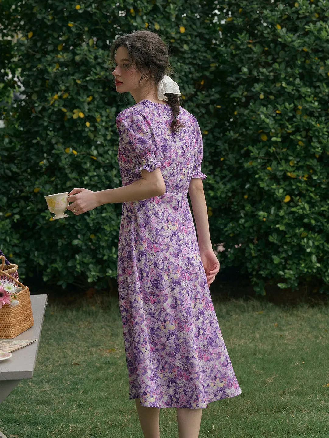 【Final Sale】Stormi Charming V-neck Lace Trimmed Floral Print Dress - Purple
