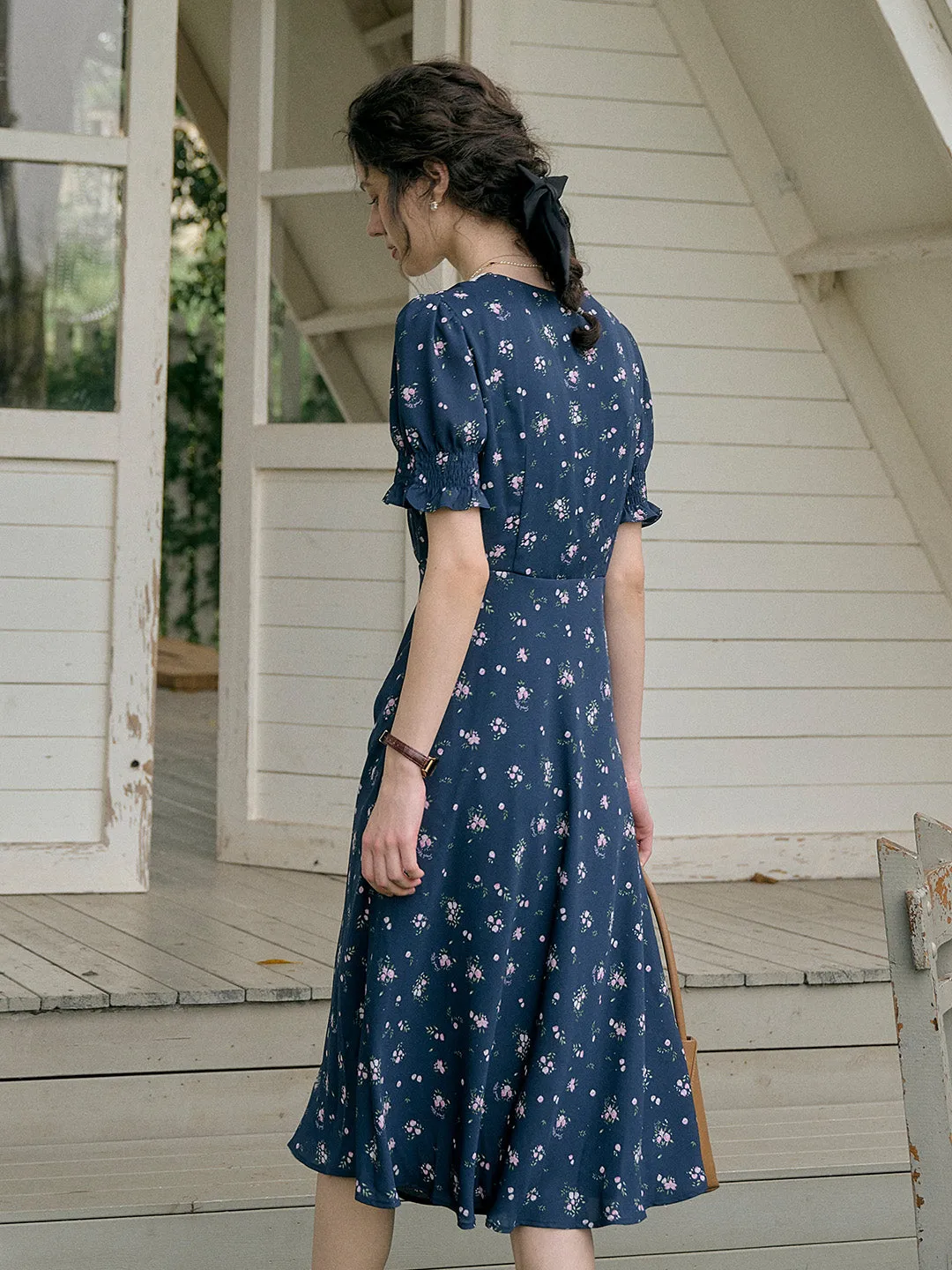 【Final Sale】Stormi Charming V-neck Lace Trimmed Floral Print Dress - Purple