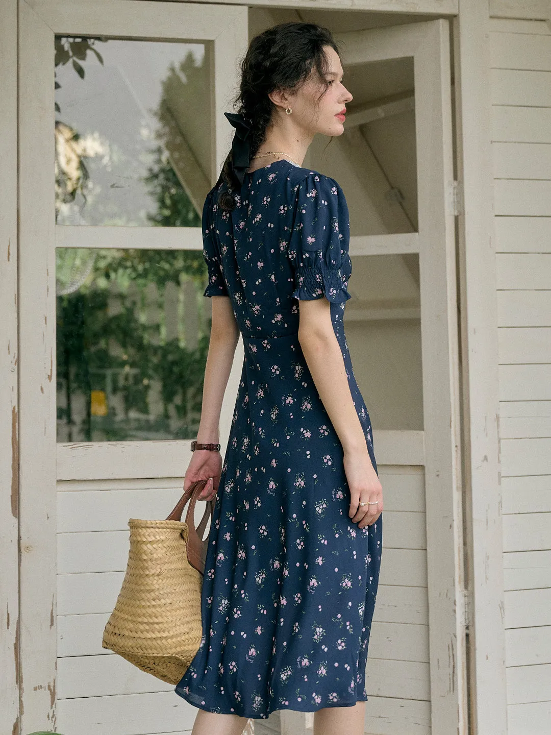 【Final Sale】Stormi Charming V-neck Lace Trimmed Floral Print Dress - Purple