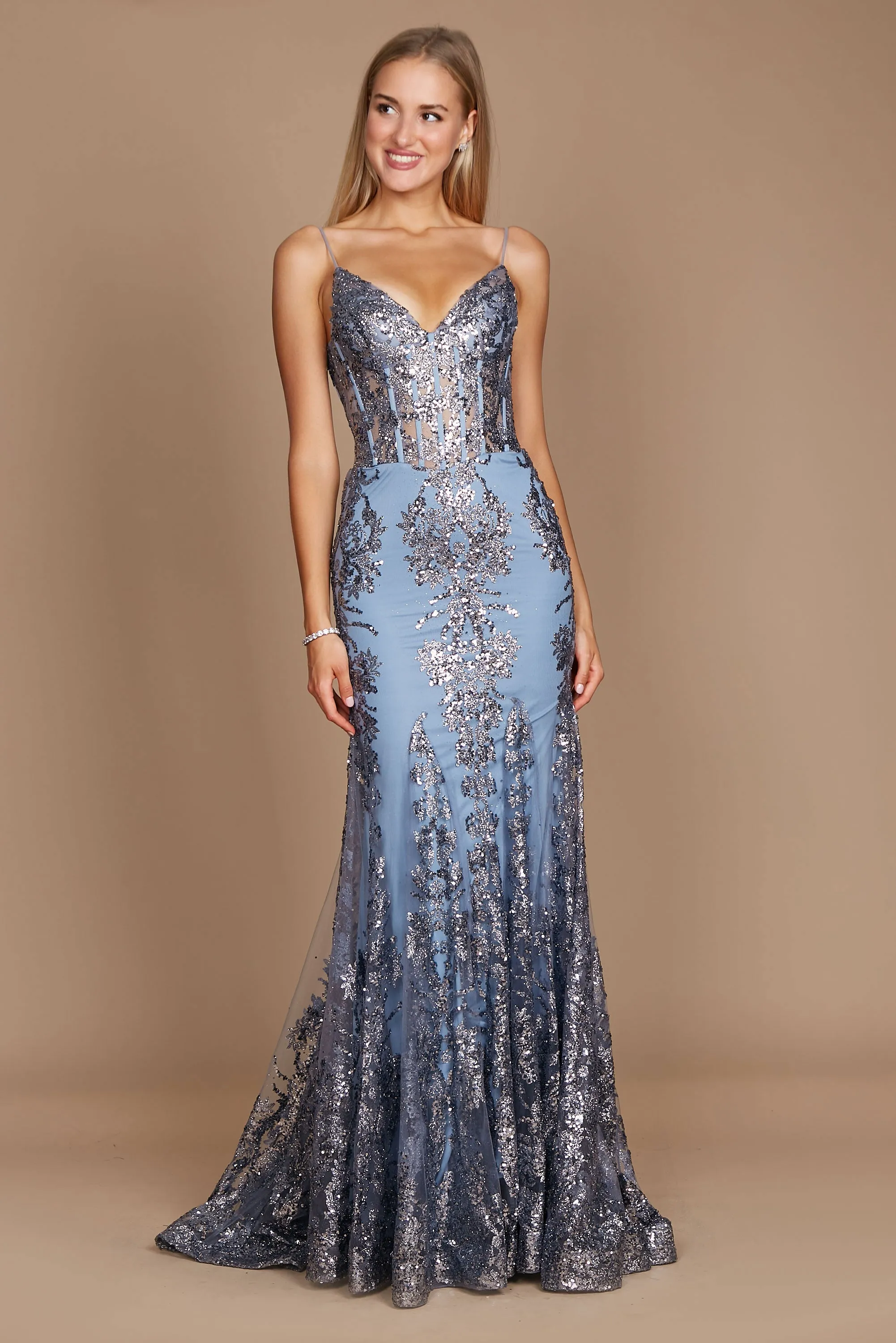 Fitted Corset Long Formal Prom Dress Platinum