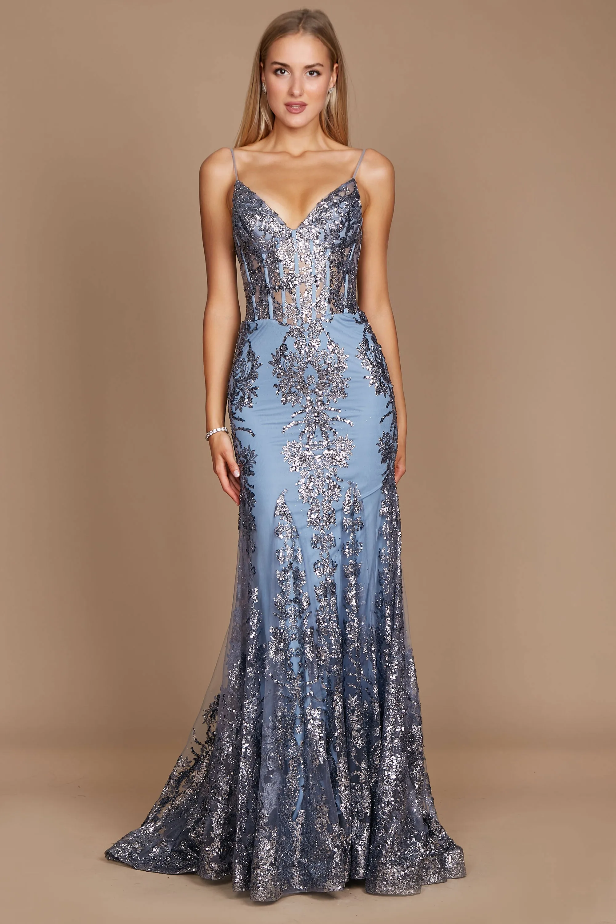 Fitted Corset Long Formal Prom Dress Platinum