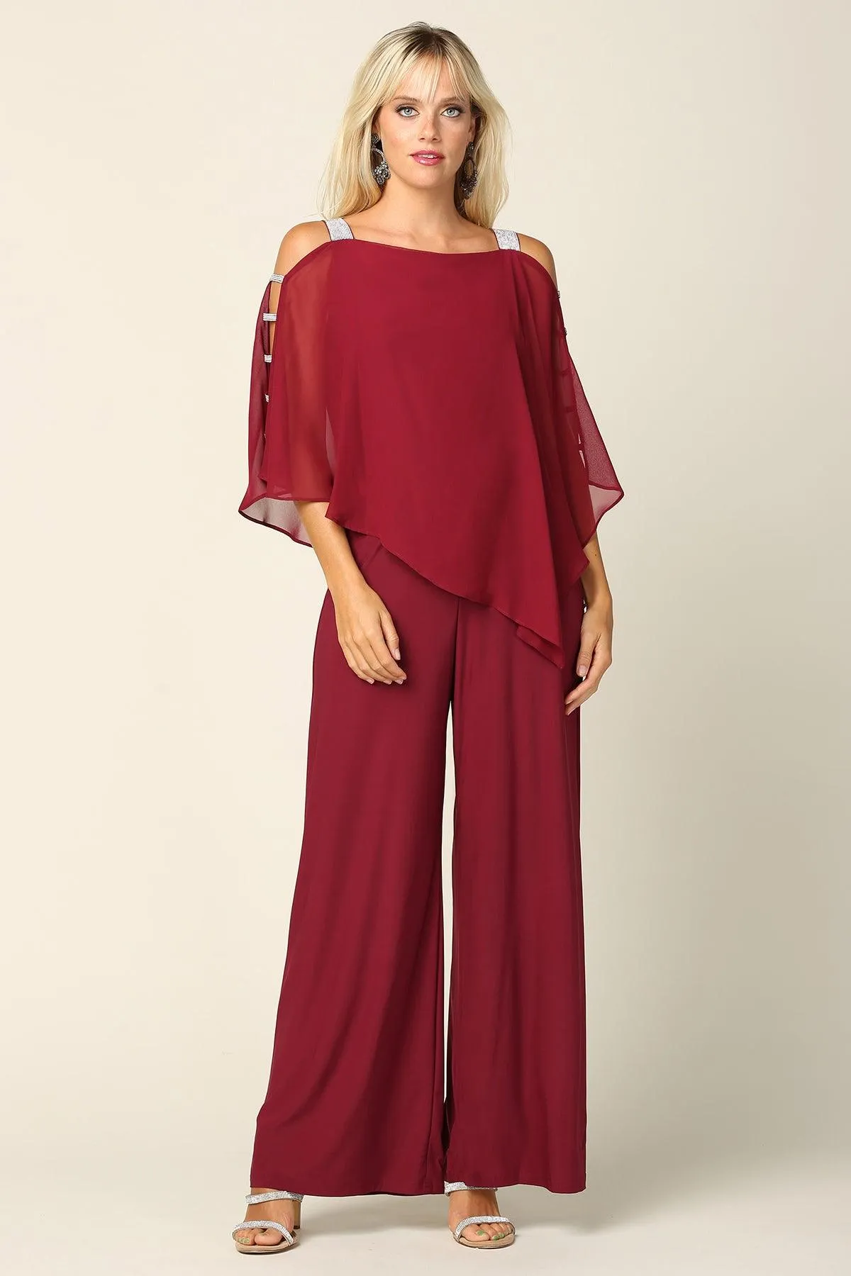 Formal Chiffon Cape Overlay Jumpsuit