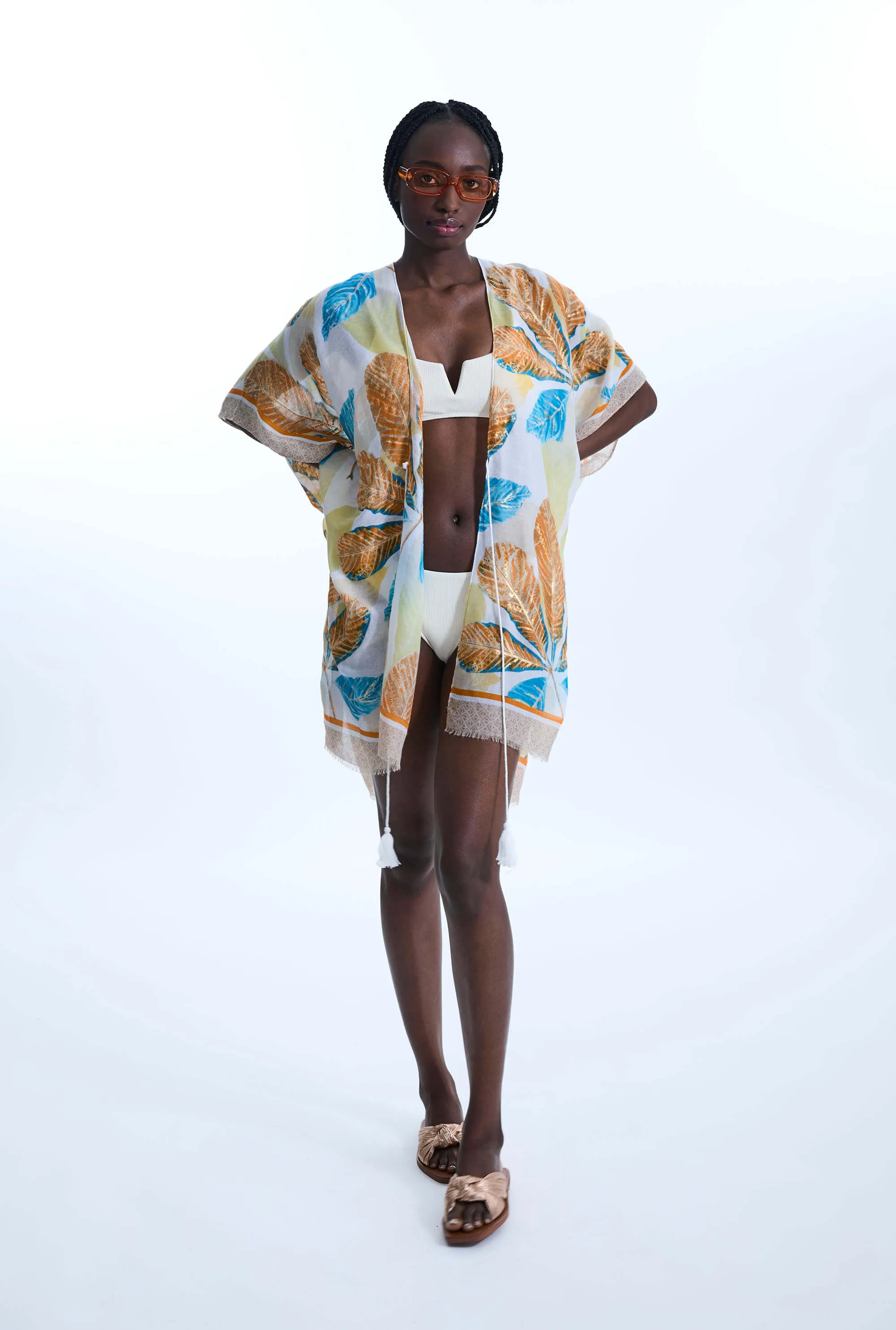 Gold Detail Leaf Kaftan Yellow