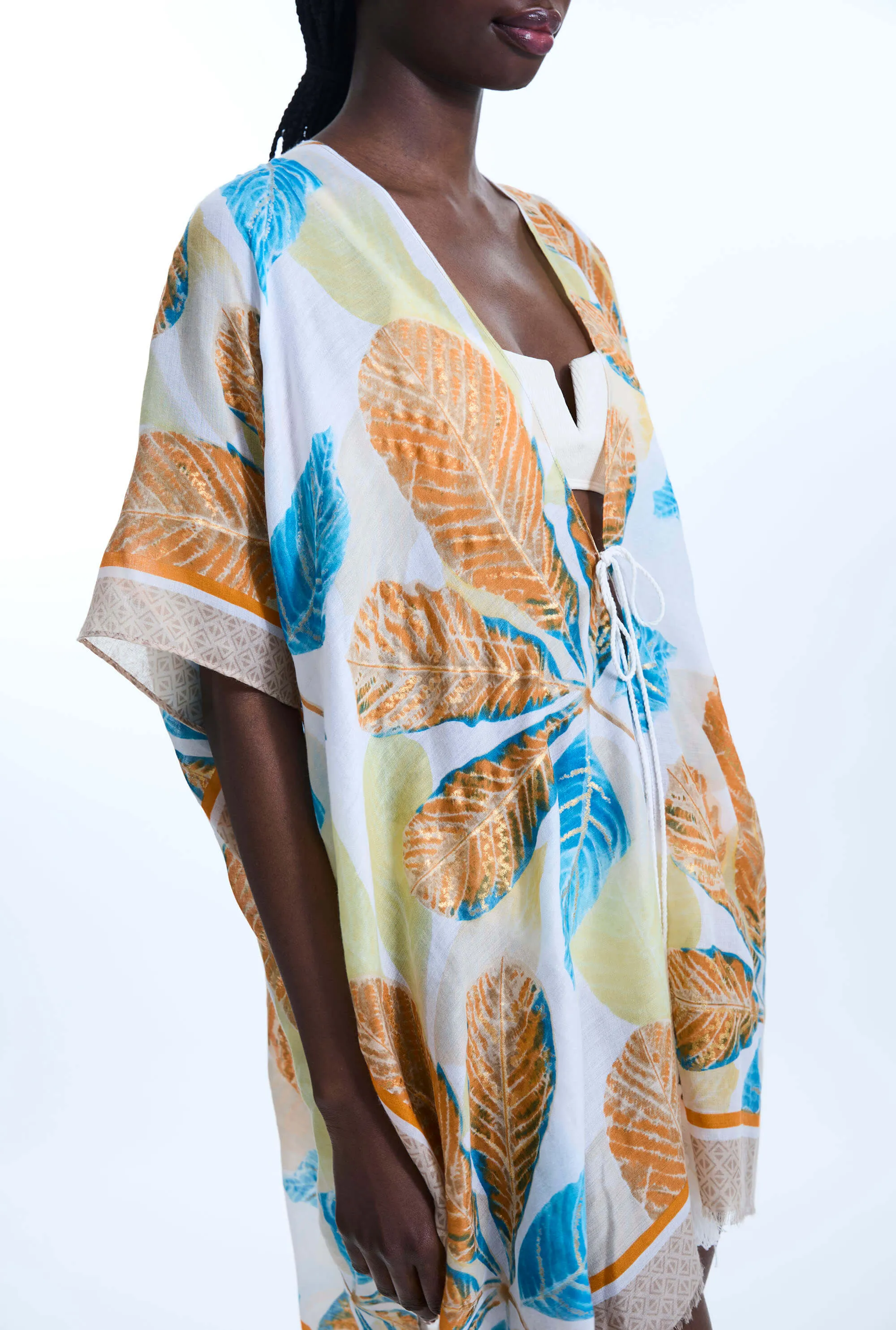 Gold Detail Leaf Kaftan Yellow