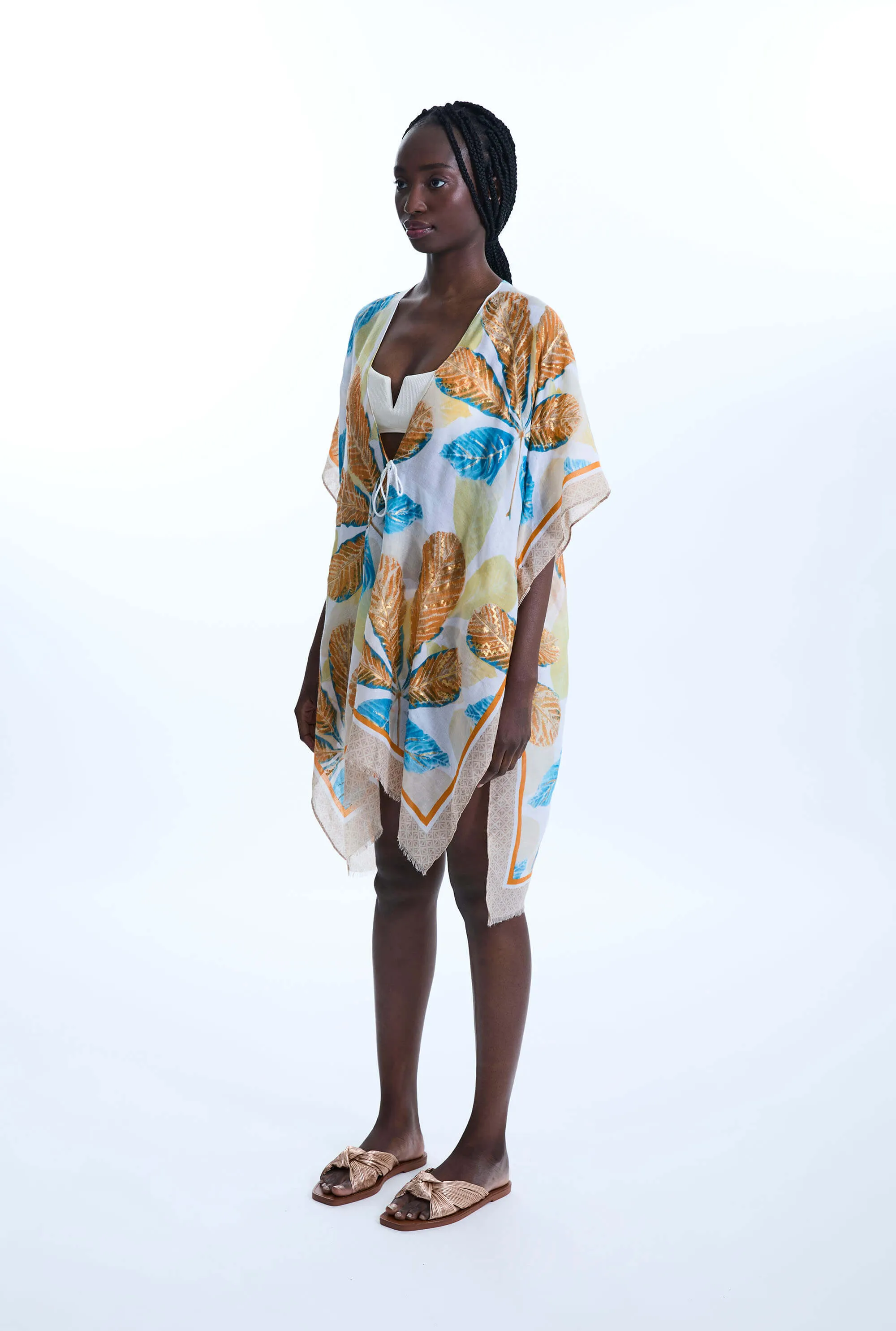 Gold Detail Leaf Kaftan Yellow