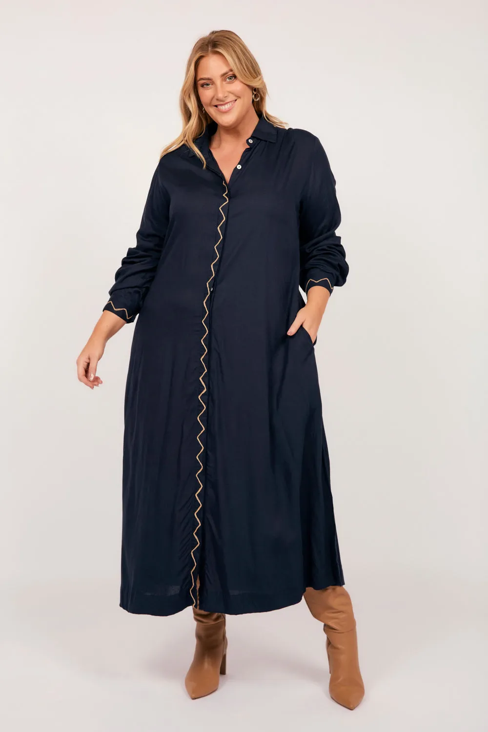 Gracie Long Sleeve Shirt Dress in Navy