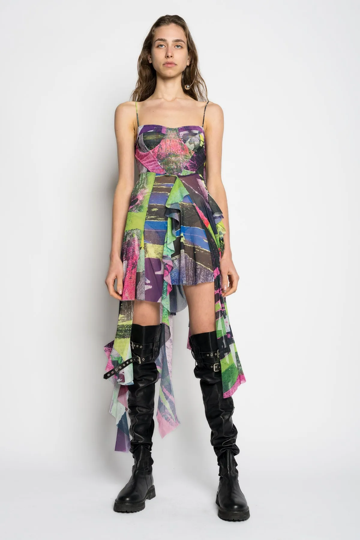 GRAFFITI PRINT MESH CORSET DRESS