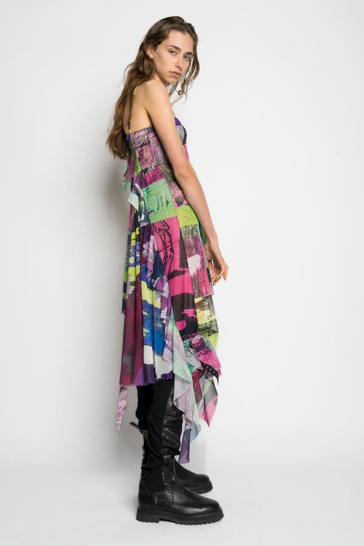 GRAFFITI PRINT MESH CORSET DRESS